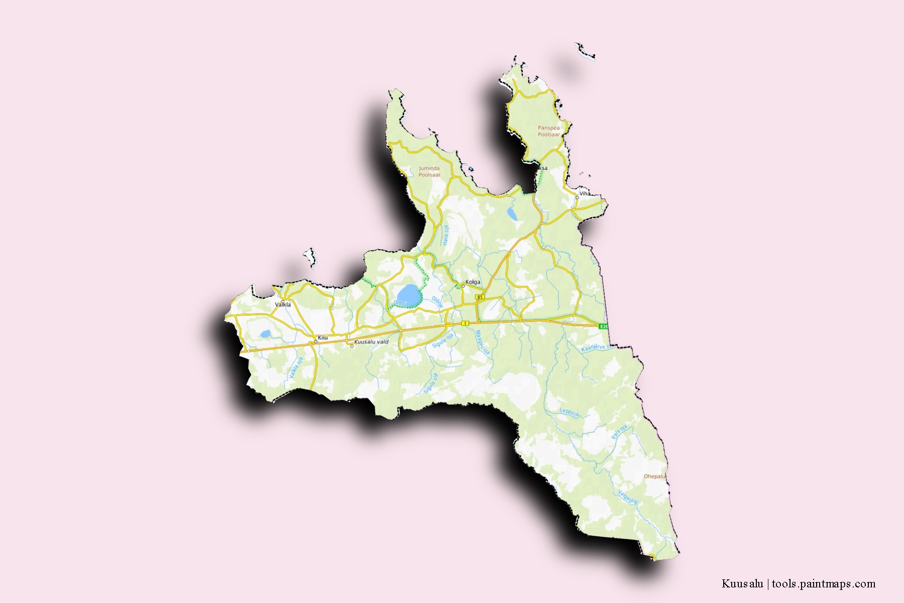 Kuusalu neighborhoods and villages map with 3D shadow effect