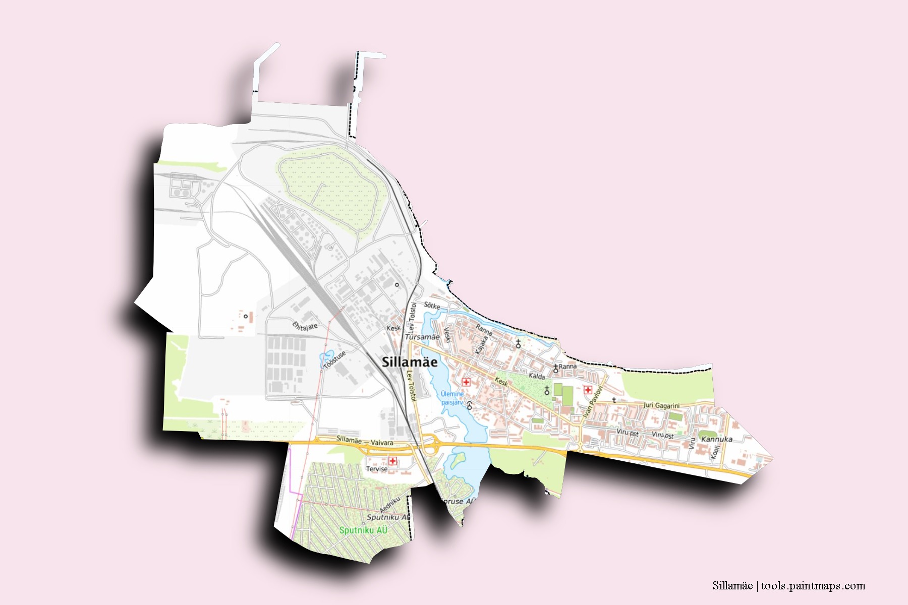 Sillamäe neighborhoods and villages map with 3D shadow effect