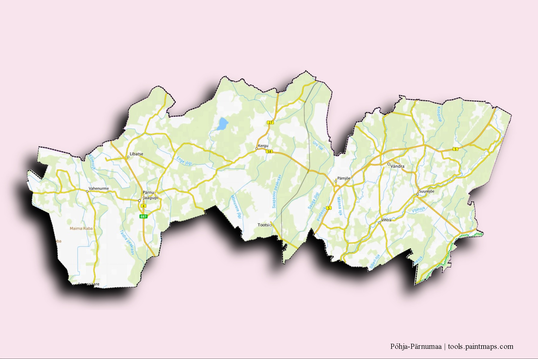 Pőhja-Pärnumaa neighborhoods and villages map with 3D shadow effect