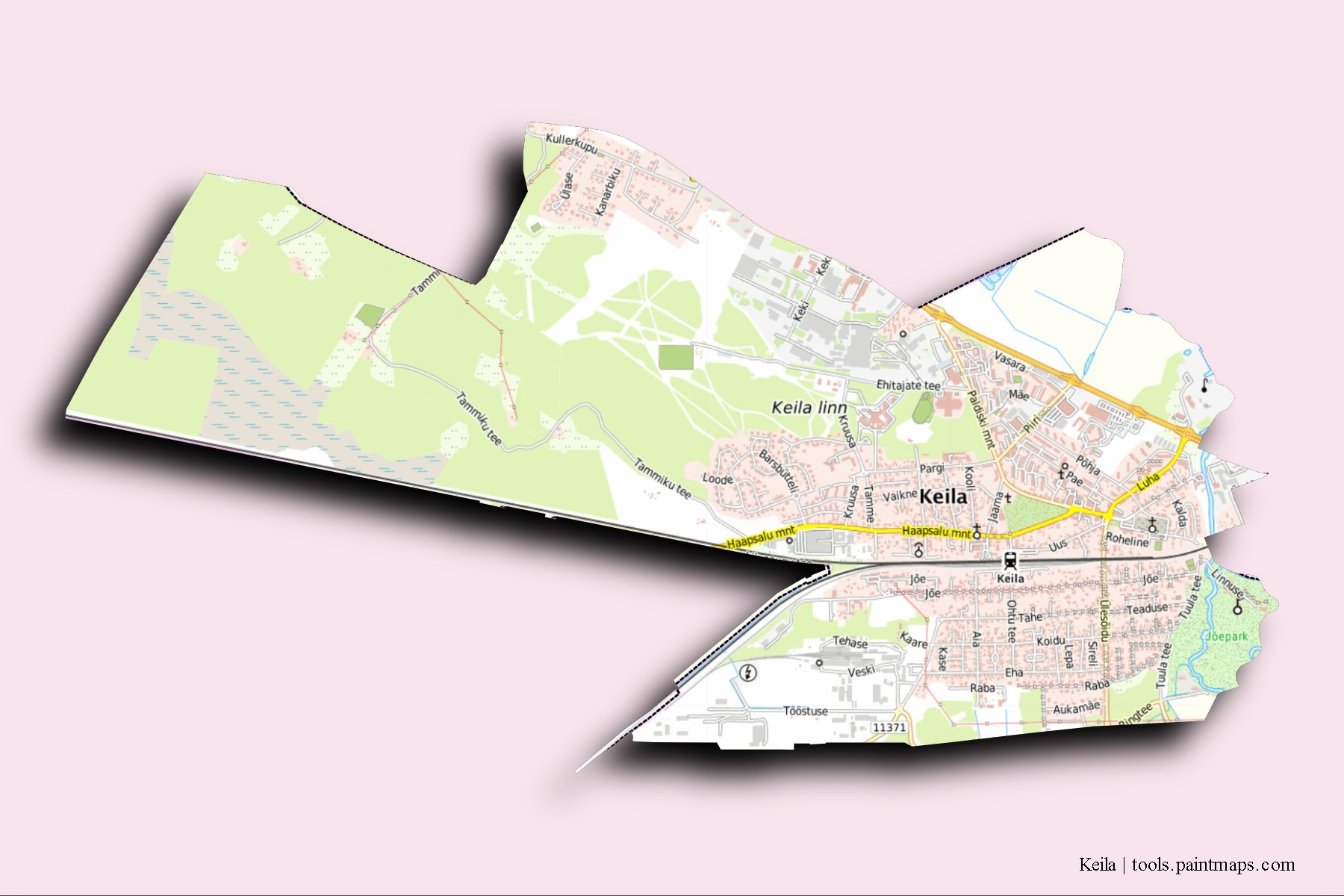 Mapa de barrios y pueblos de Keila con efecto de sombra 3D