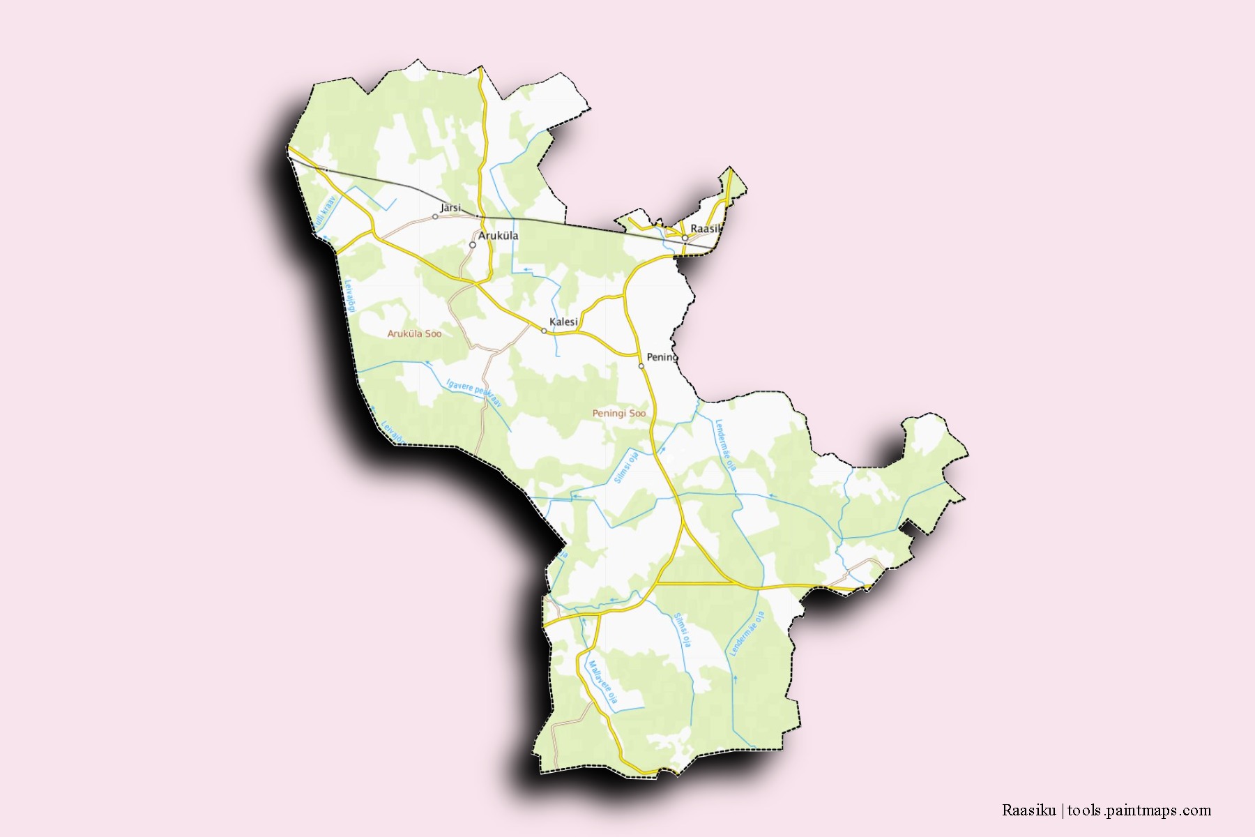 Mapa de barrios y pueblos de Raasiku con efecto de sombra 3D