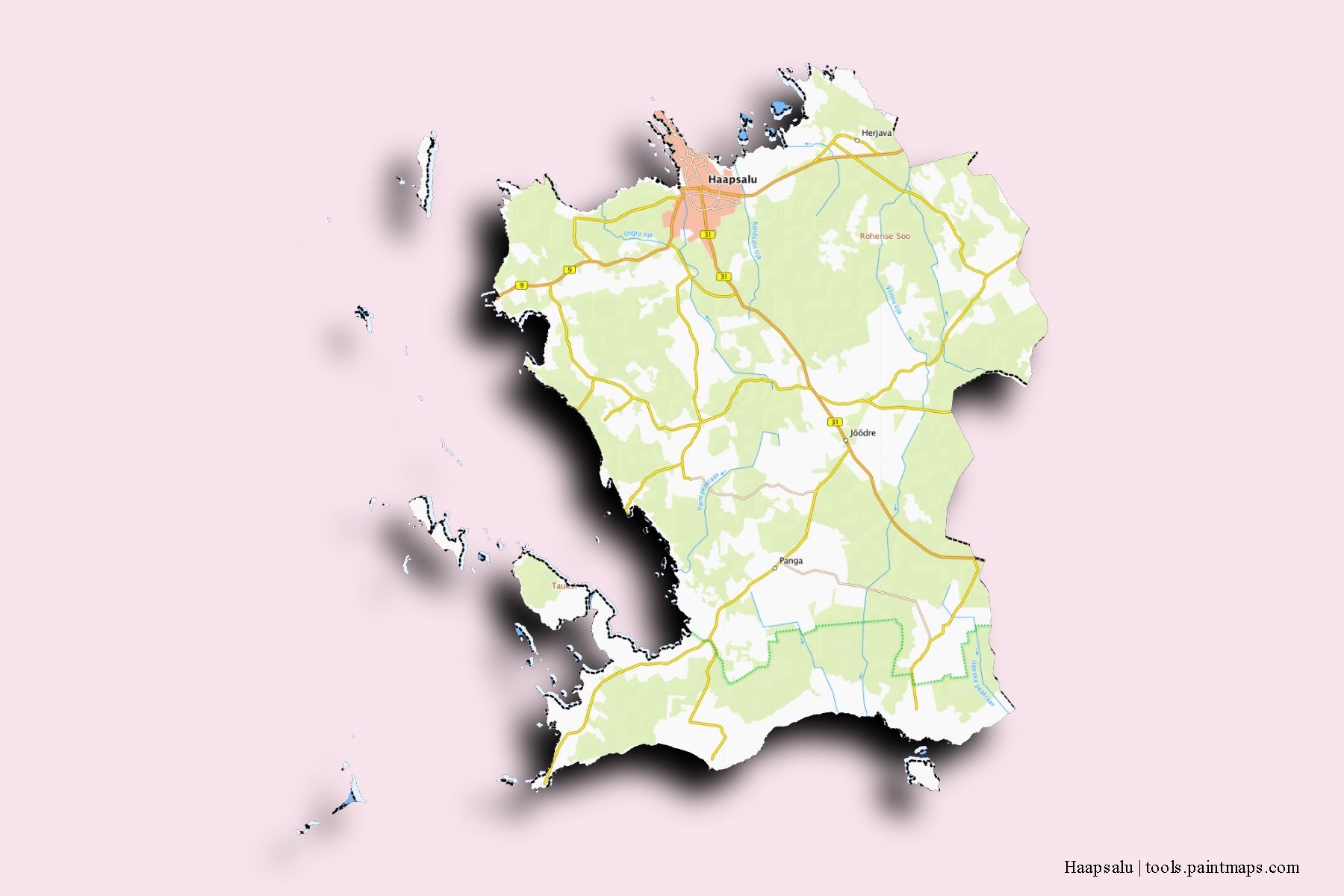 Mapa de barrios y pueblos de Haapsalu con efecto de sombra 3D