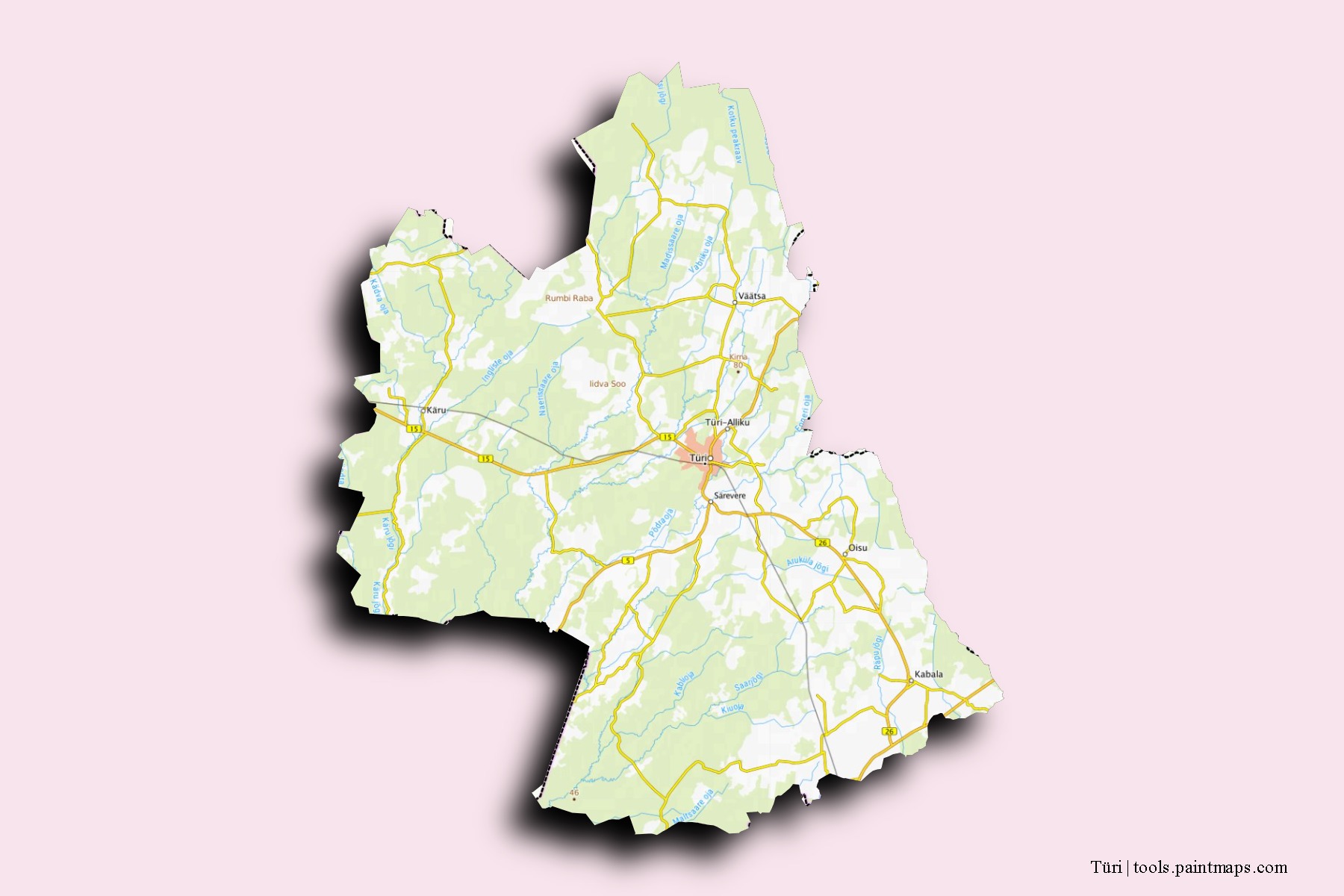 Mapa de barrios y pueblos de Türi con efecto de sombra 3D