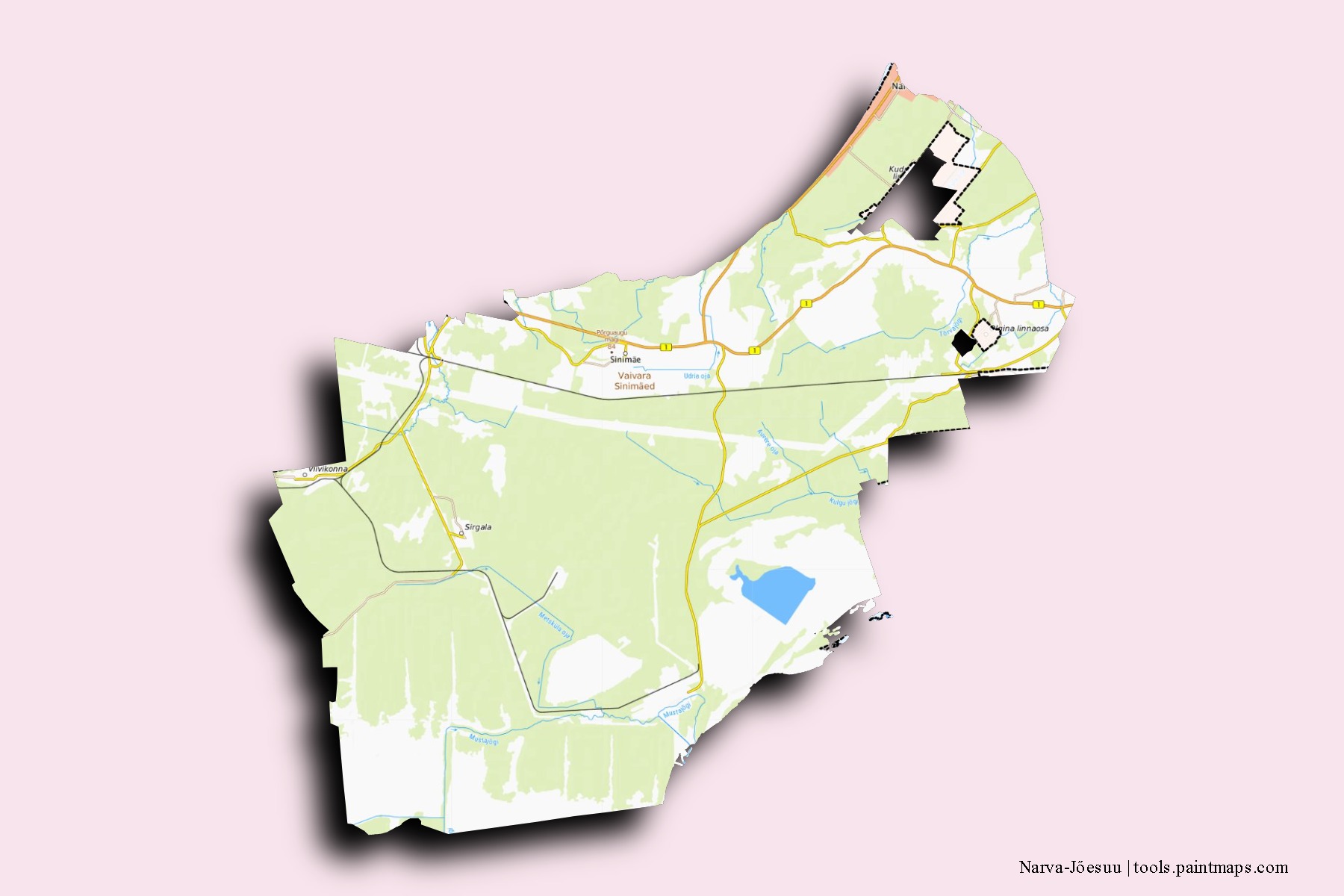 Mapa de barrios y pueblos de Narva-Jőesuu con efecto de sombra 3D