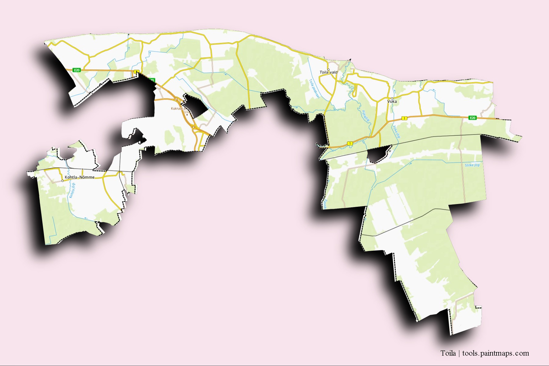 Toila neighborhoods and villages map with 3D shadow effect