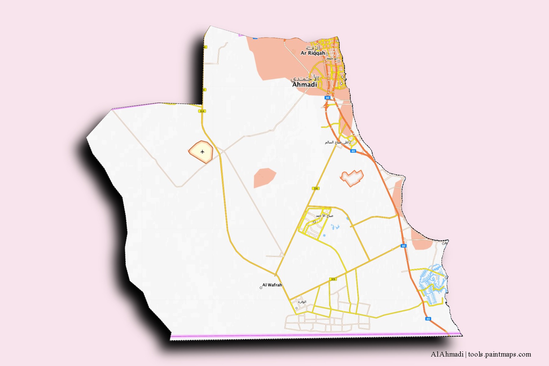 Al Ahmadi neighborhoods and villages map with 3D shadow effect