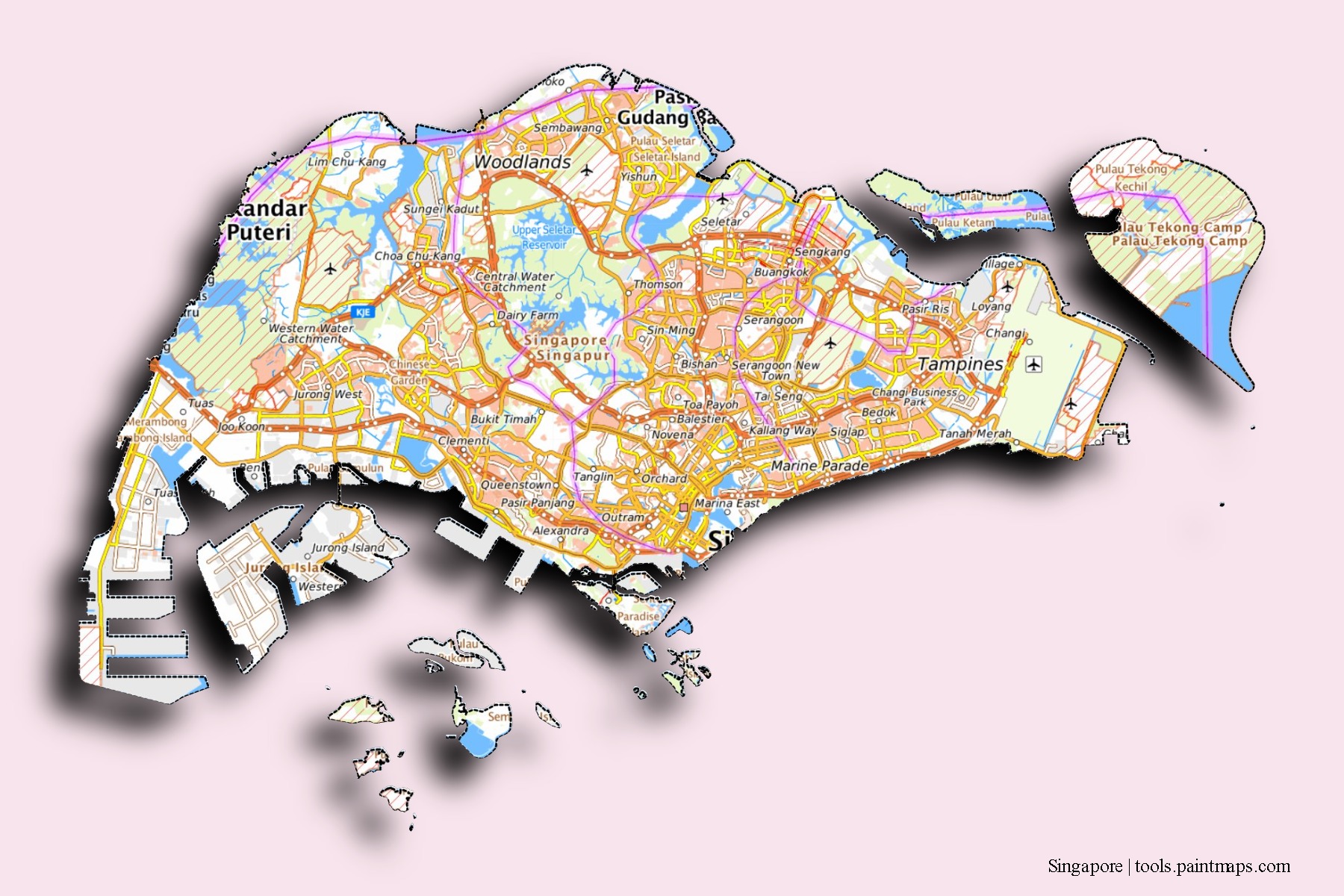 3D gölge efektli Singapur mahalleleri ve köyleri haritası