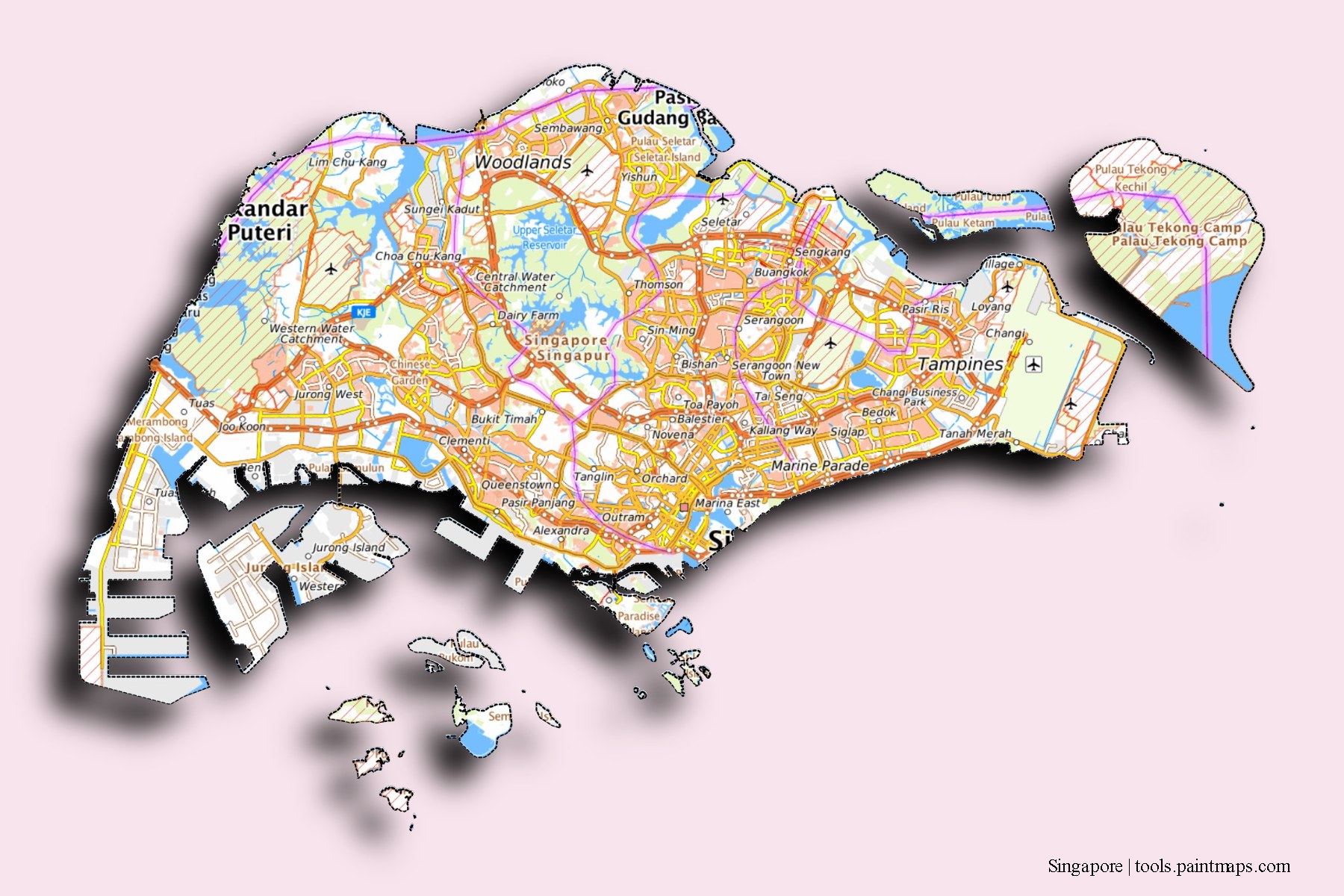 Mapa de Singapore y sus distritos con efecto de sombra 3D