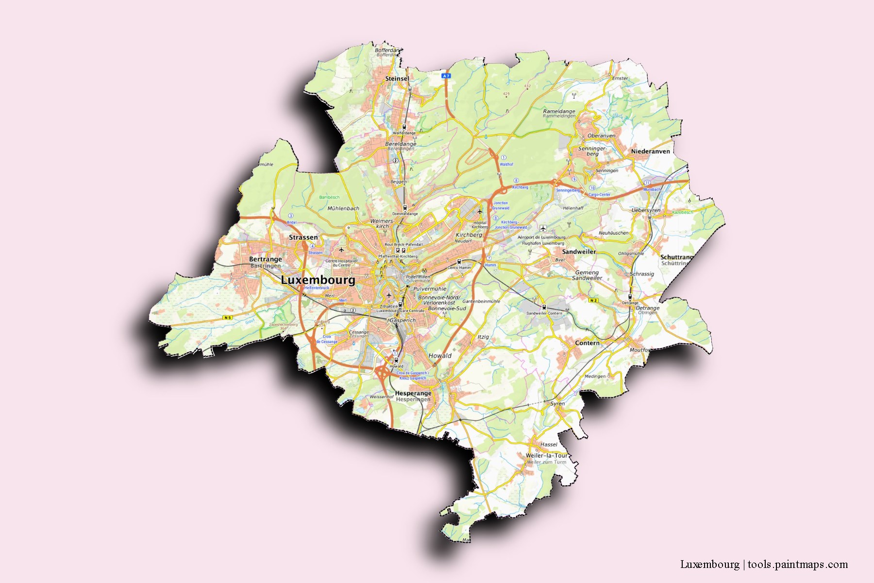 3D gölge efektli Lüksemburg ve ilçeleri haritası