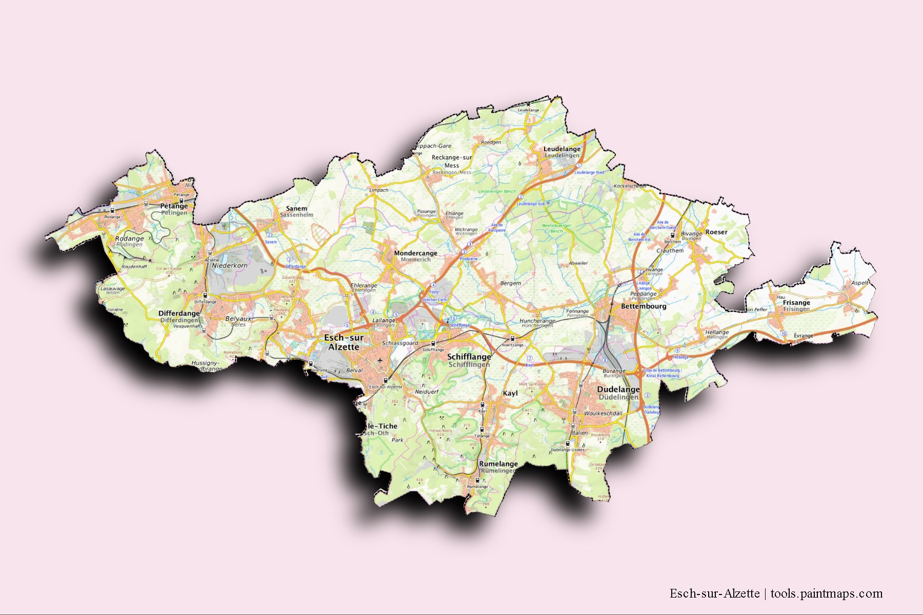 3D gölge efektli Esch-sur-Alzette ve ilçeleri haritası