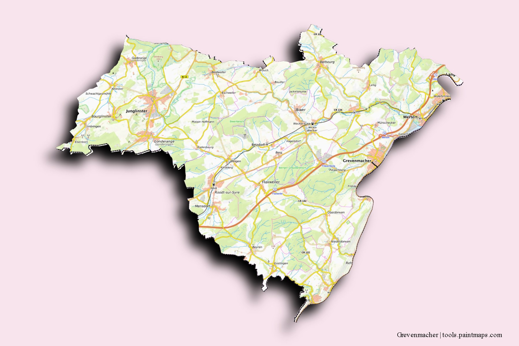 Mapa de Grevenmacher y sus distritos con efecto de sombra 3D