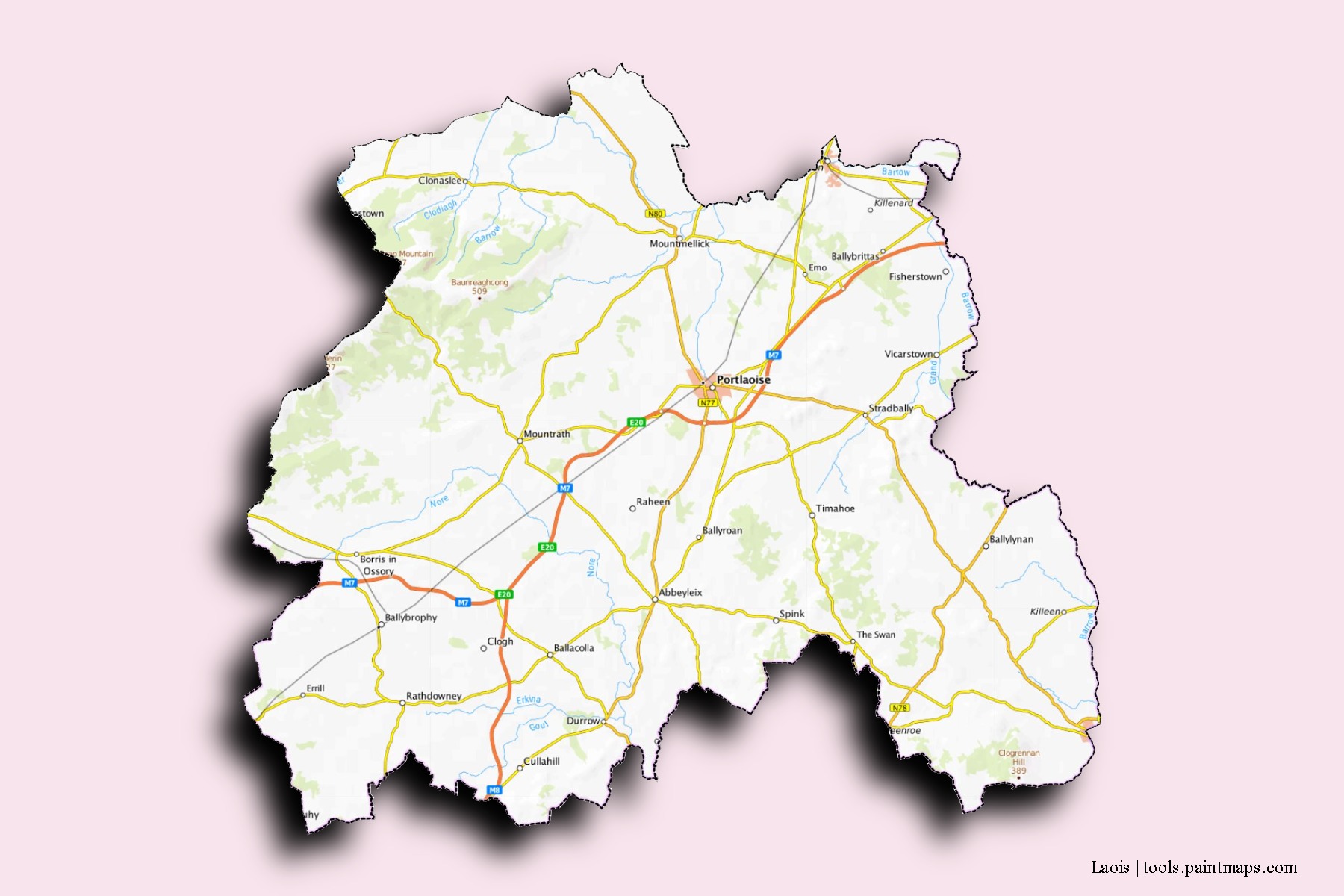 Mapa de barrios y pueblos de Laois con efecto de sombra 3D