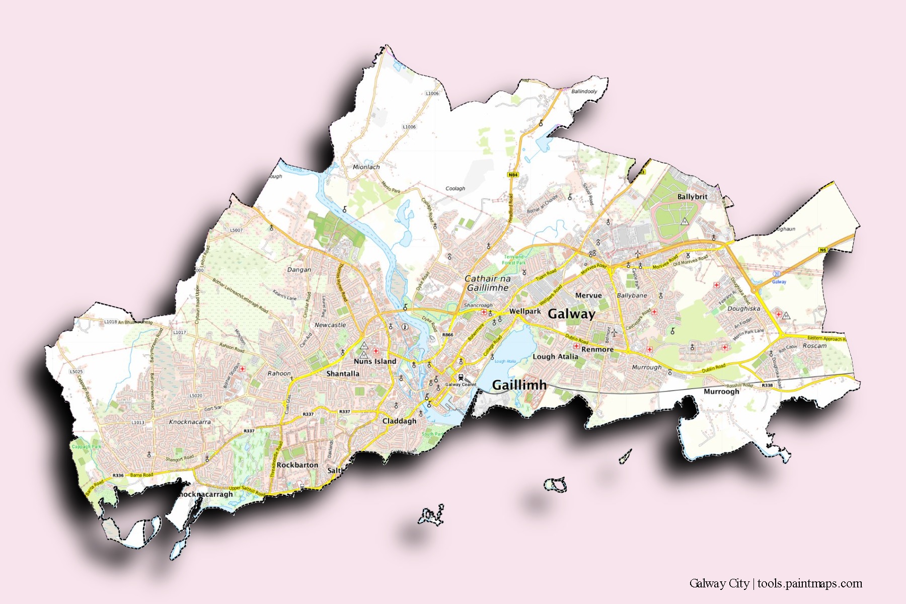 3D gölge efektli Galway City mahalleleri ve köyleri haritası