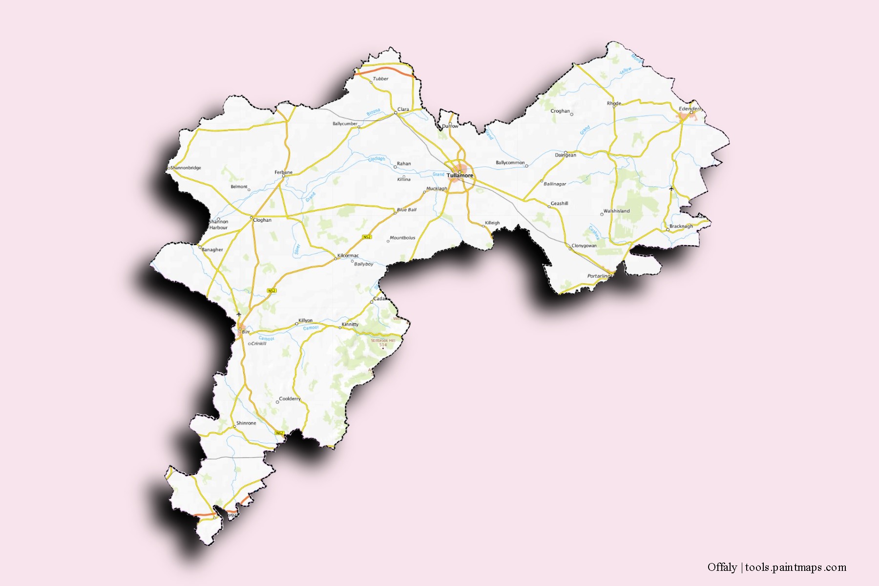 Mapa de barrios y pueblos de Offaly con efecto de sombra 3D