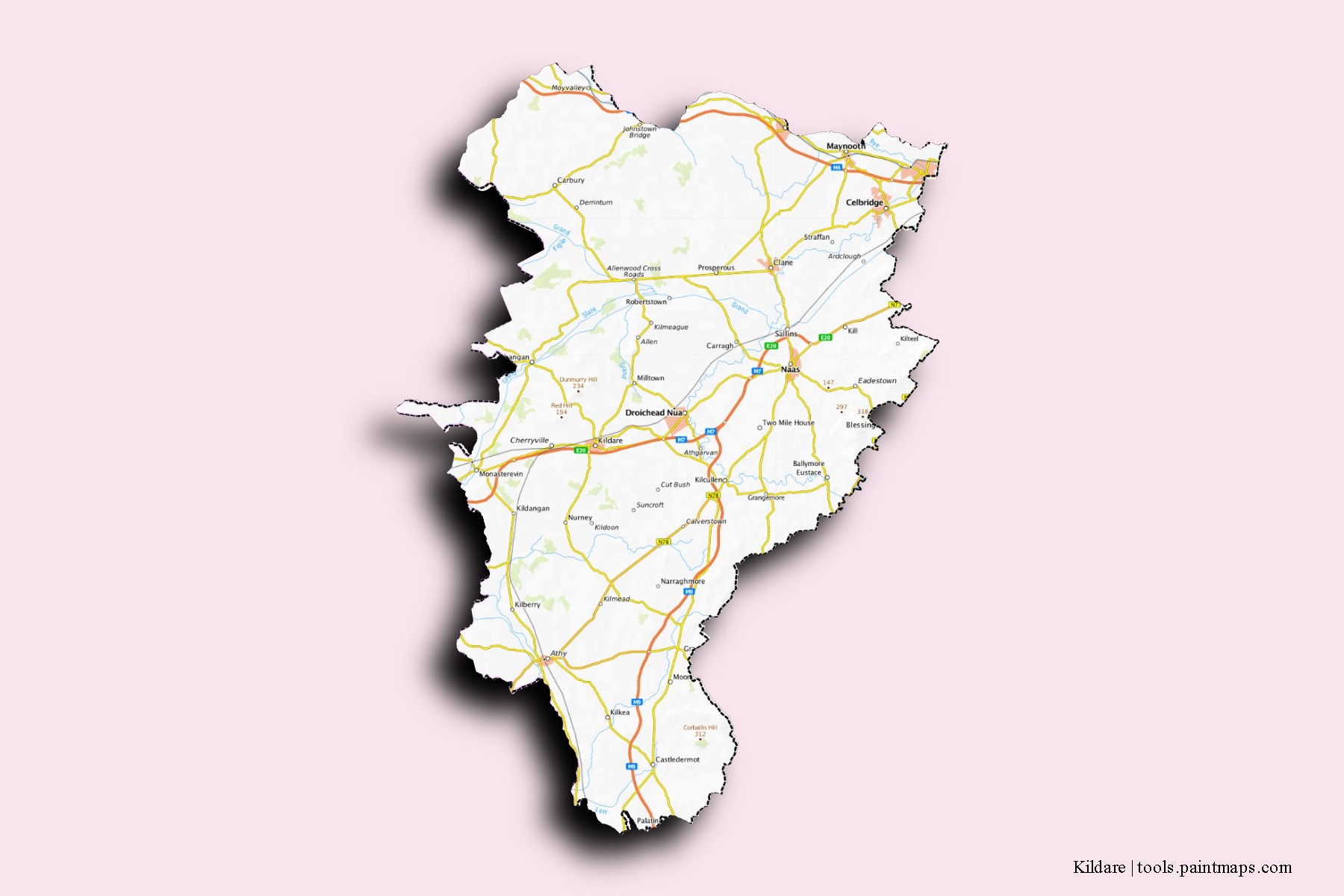 Mapa de barrios y pueblos de Kildare con efecto de sombra 3D