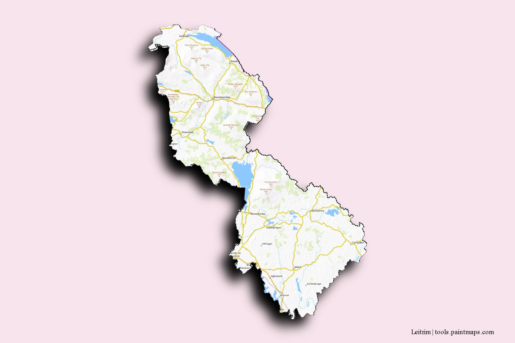 Mapa de barrios y pueblos de Leitrim con efecto de sombra 3D