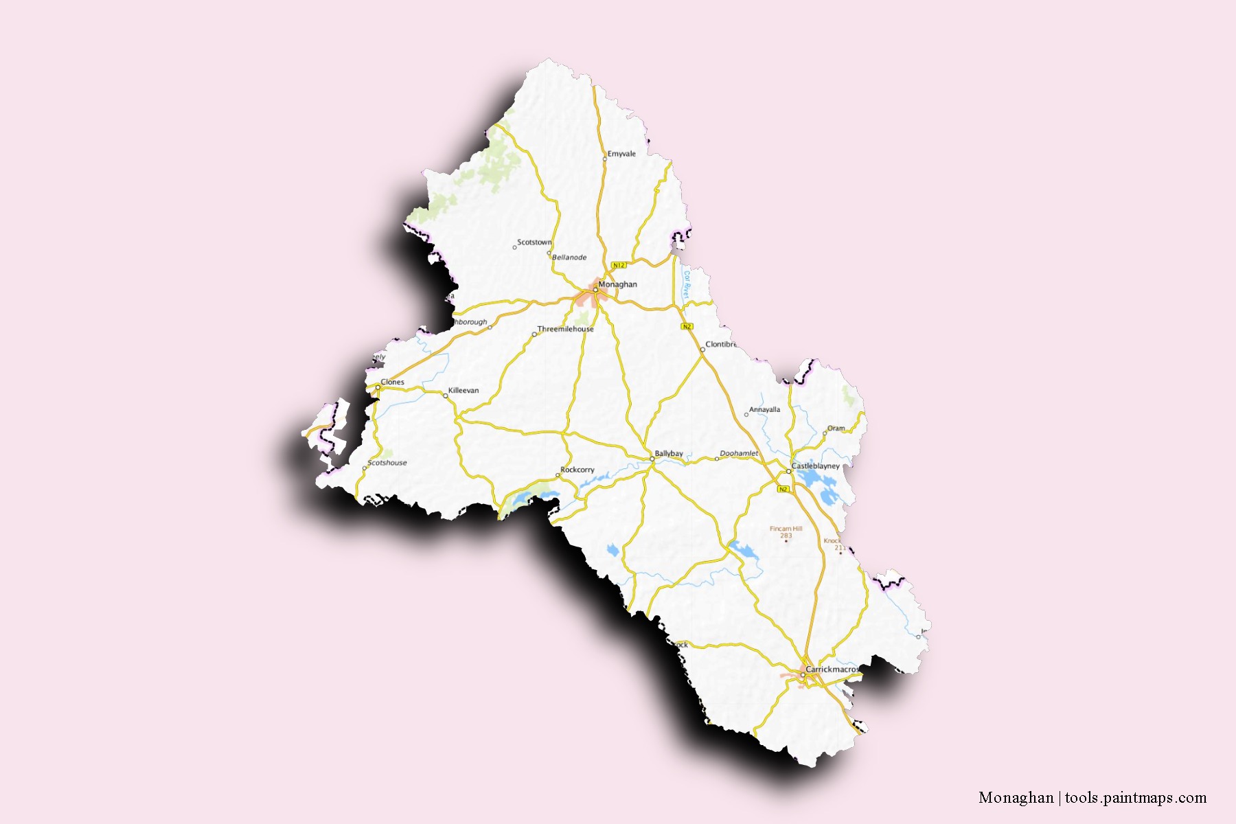 Monaghan neighborhoods and villages map with 3D shadow effect