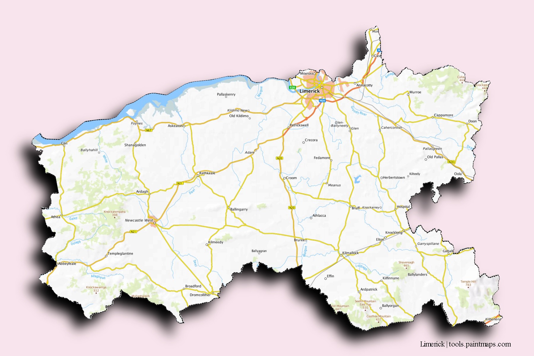 Mapa de barrios y pueblos de Limerick con efecto de sombra 3D