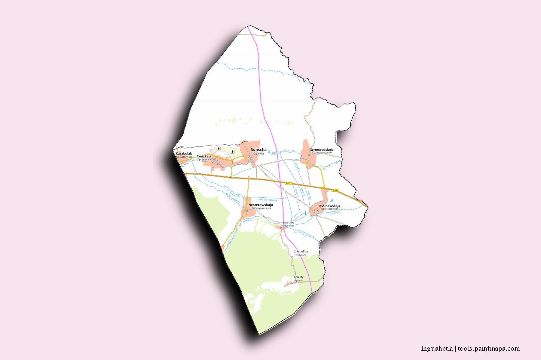 Ingushetia and counties map with 3D shadow effect