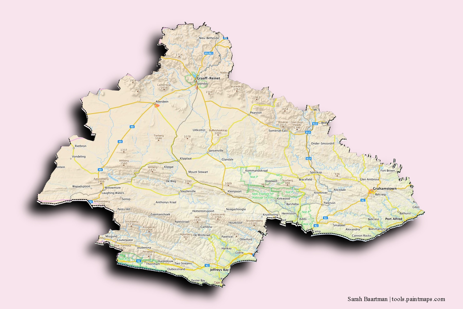 Sarah Baartman District Municipality neighborhoods and villages map with 3D shadow effect