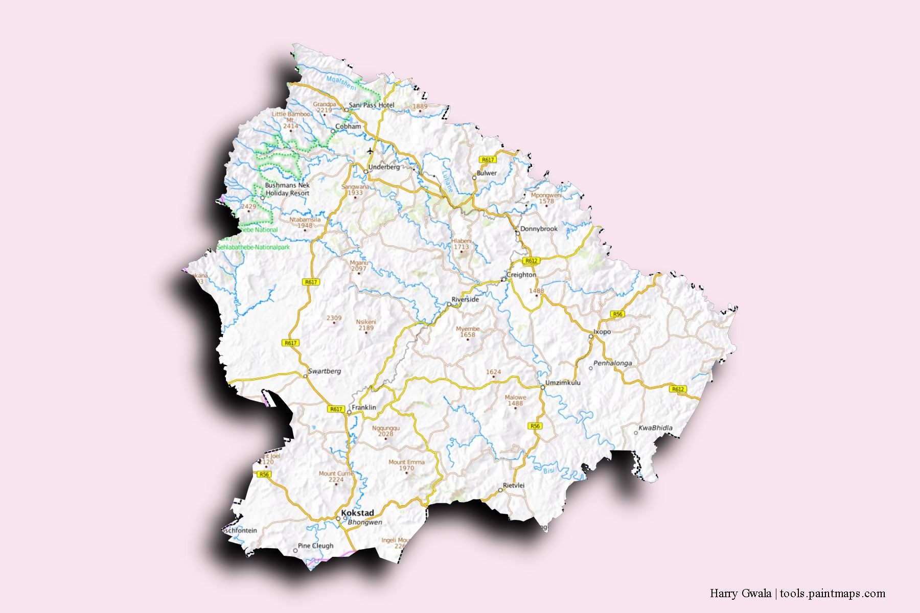 Mapa de barrios y pueblos de Harry Gwala con efecto de sombra 3D