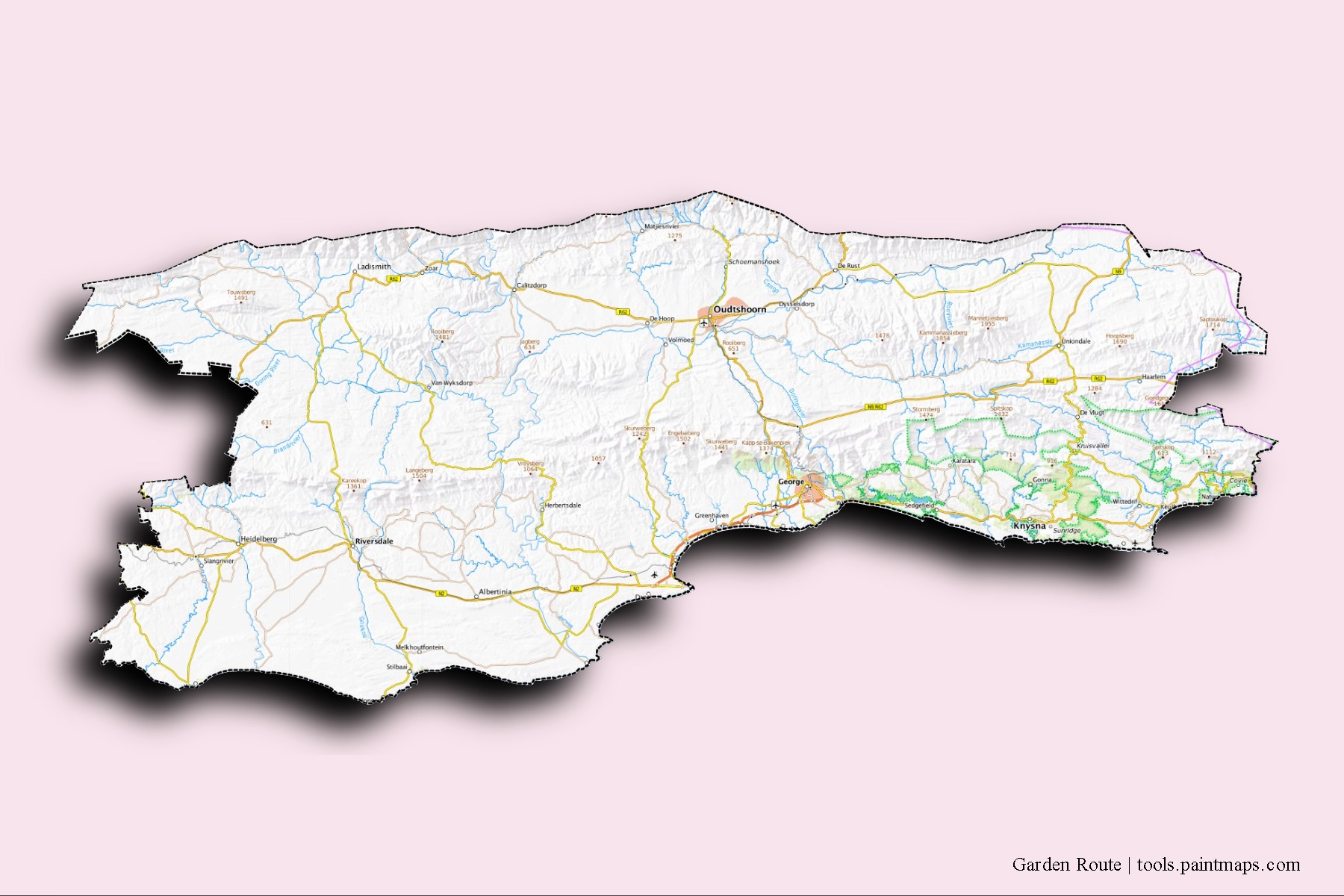 Garden Route District Municipality neighborhoods and villages map with 3D shadow effect