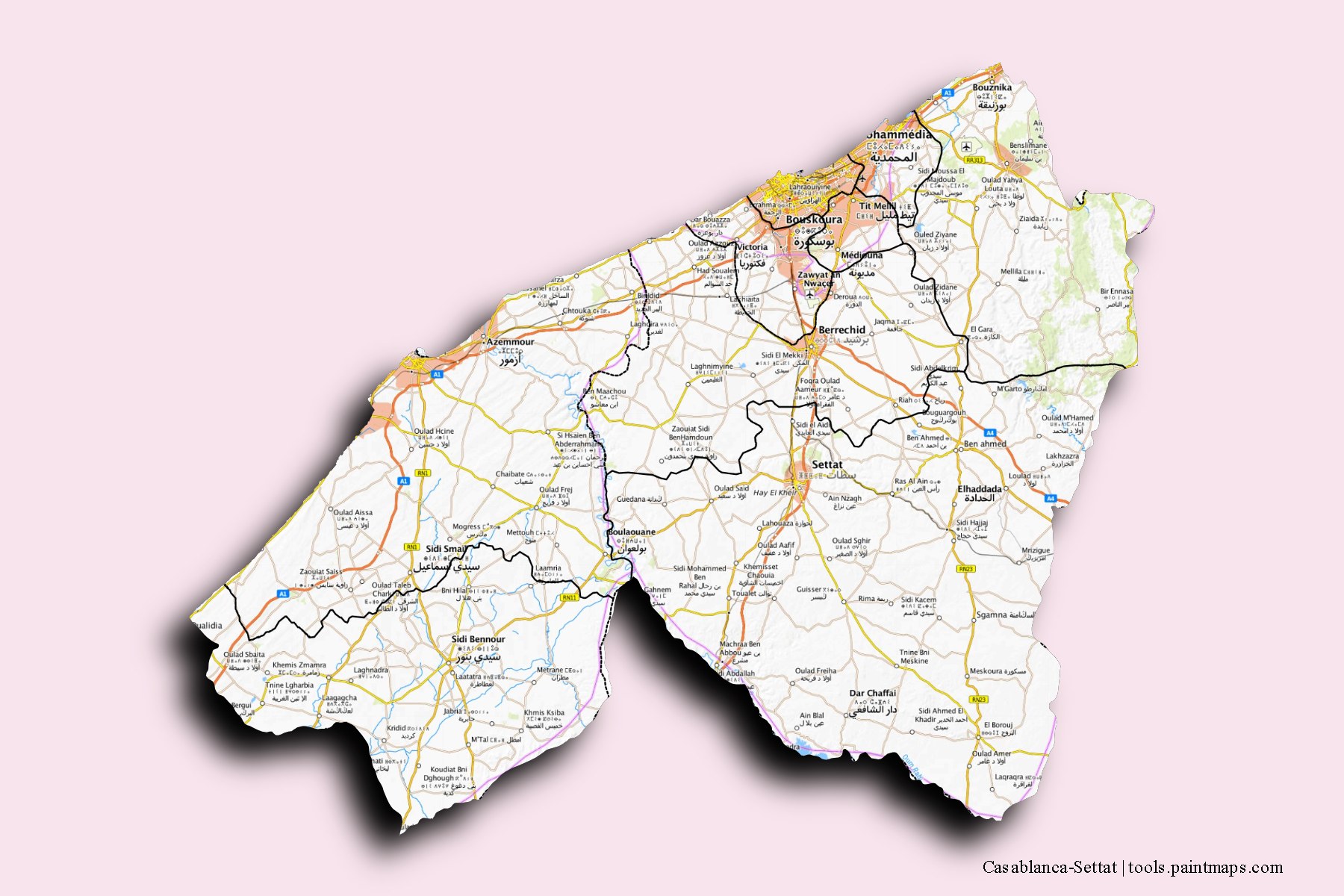 Casablanca-Settat and counties map with 3D shadow effect