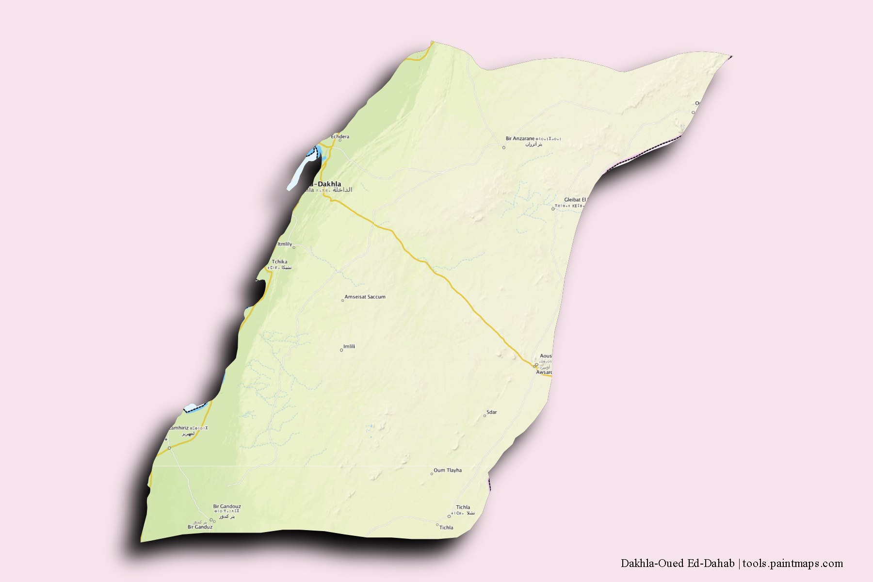 Mapa de Dakhla-Oued Ed-Dahab y sus distritos con efecto de sombra 3D