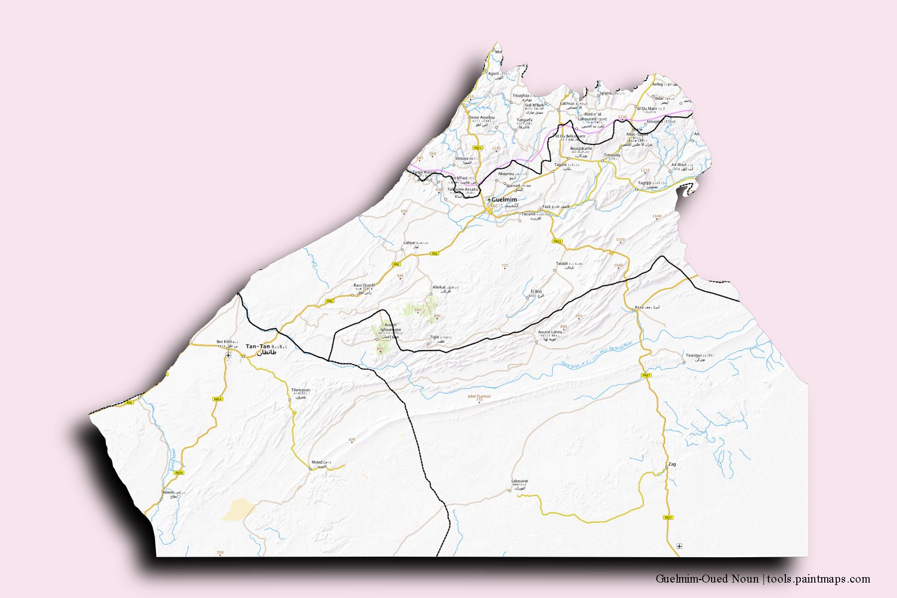 Mapa de Guelmim-Oued Noun y sus distritos con efecto de sombra 3D