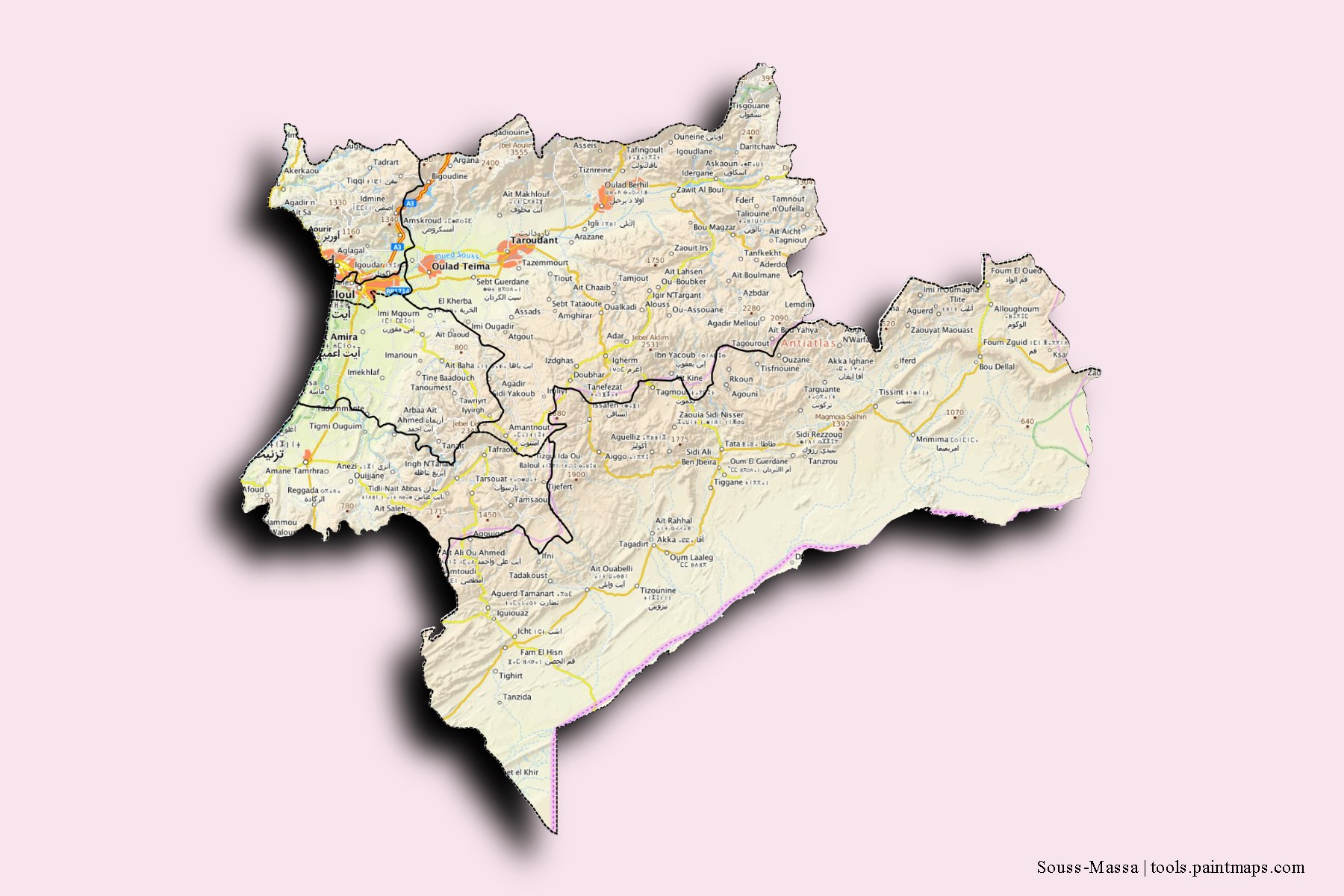 Mapa de Souss-Massa y sus distritos con efecto de sombra 3D