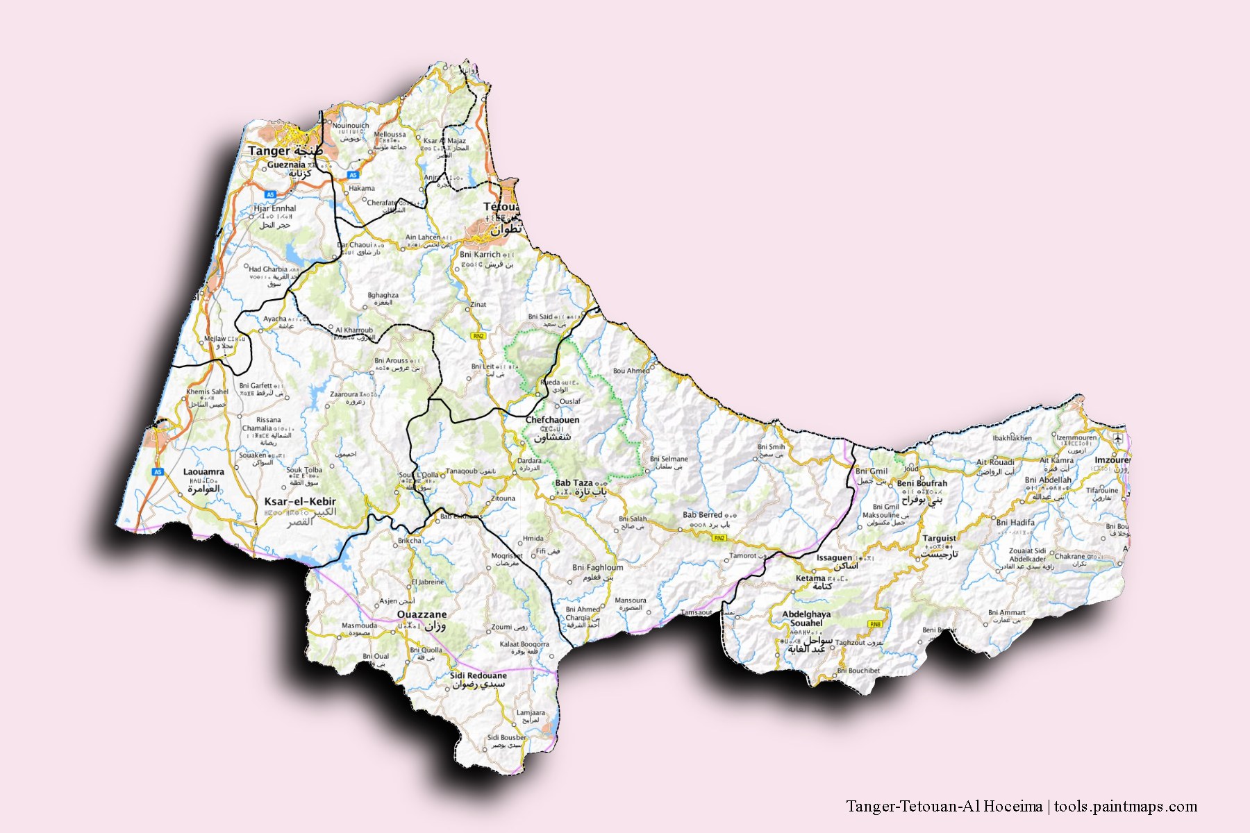 Mapa de Tanger-Tetouan-Al Hoceima y sus distritos con efecto de sombra 3D