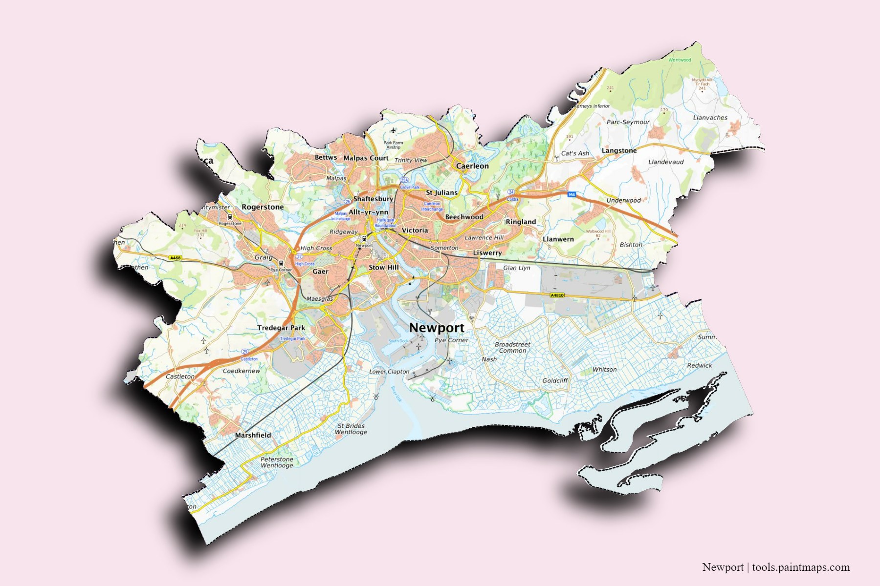 Mapa de Newport y sus distritos con efecto de sombra 3D