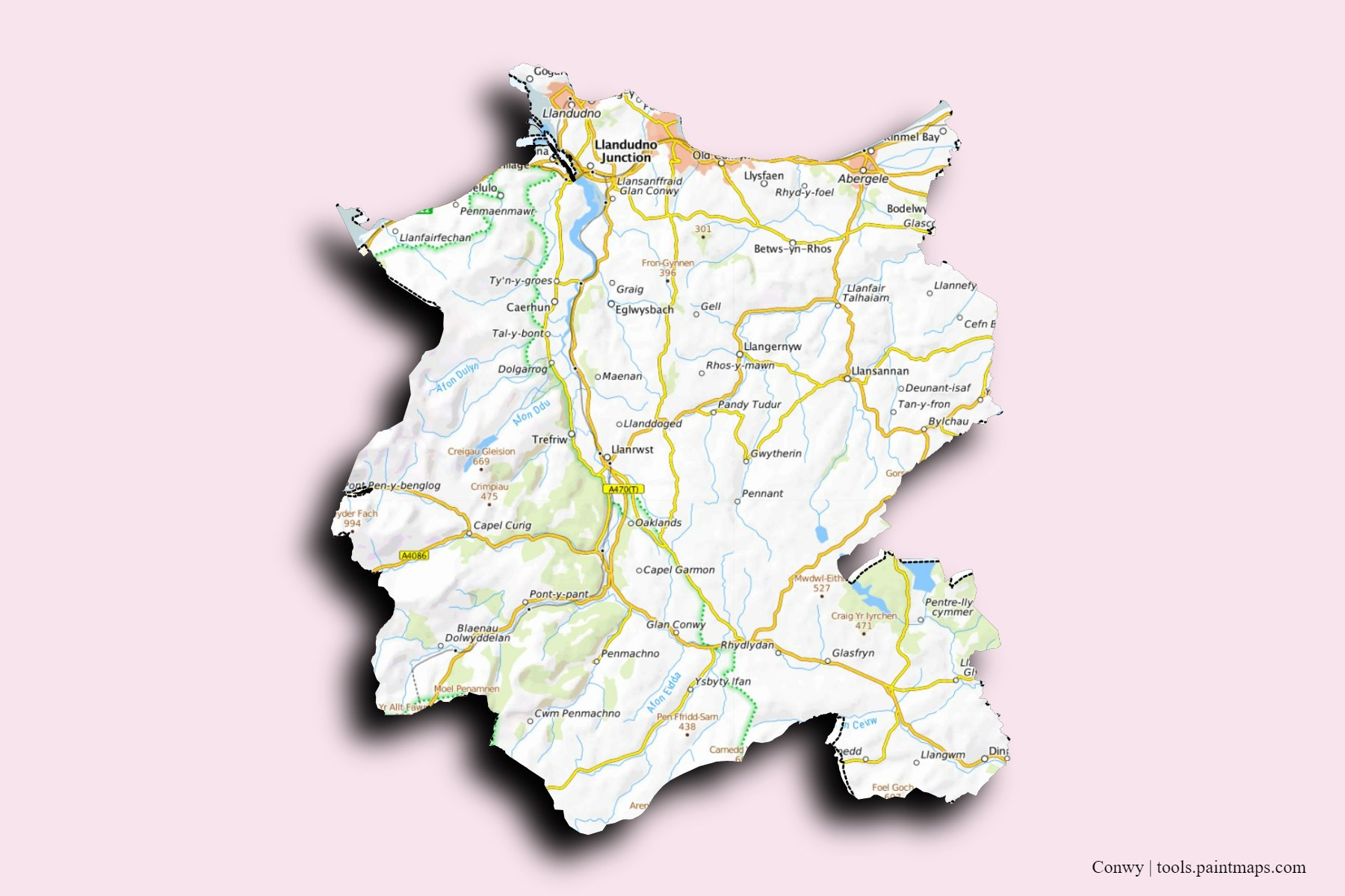 Conwy and counties map with 3D shadow effect