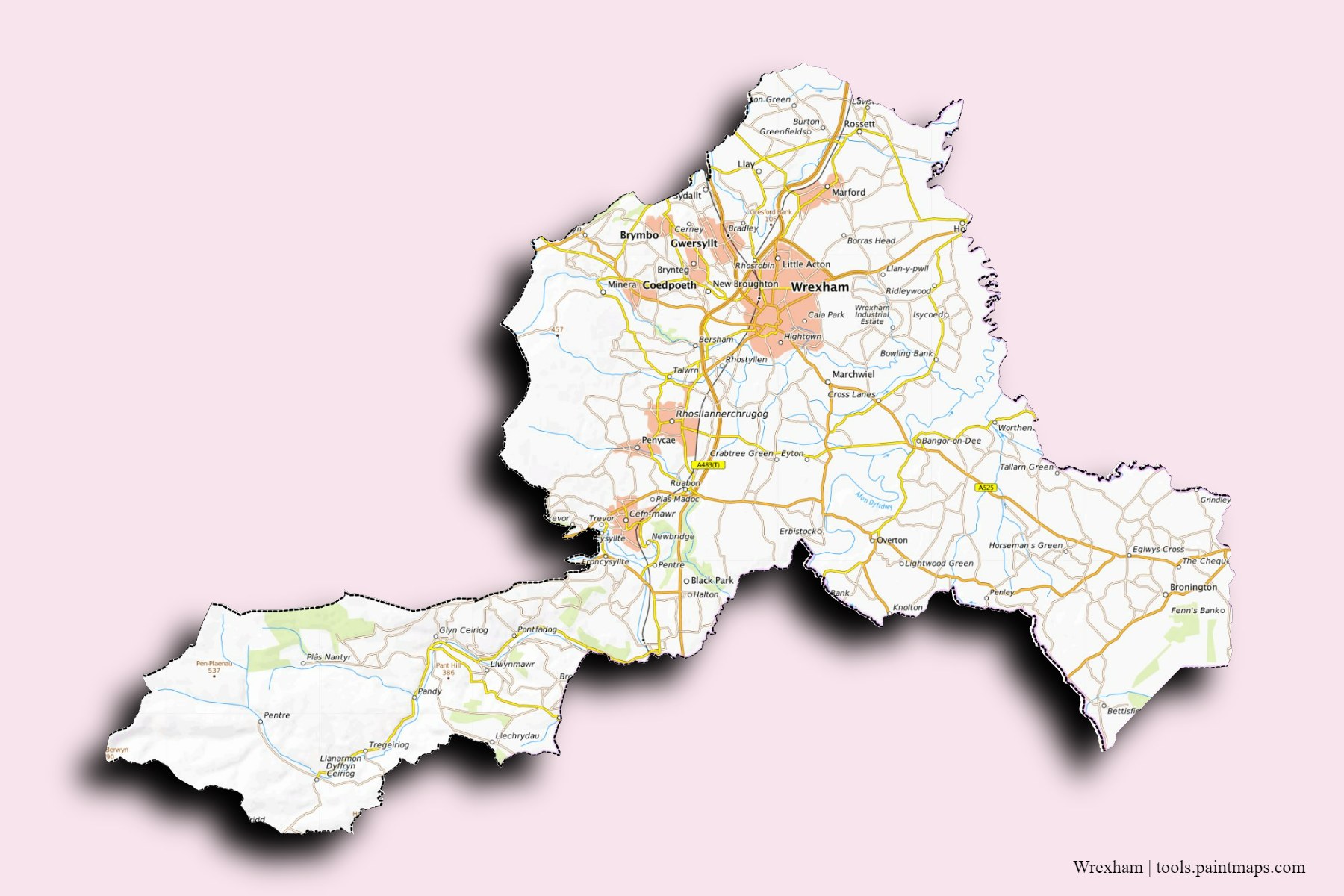 Wrexham and counties map with 3D shadow effect