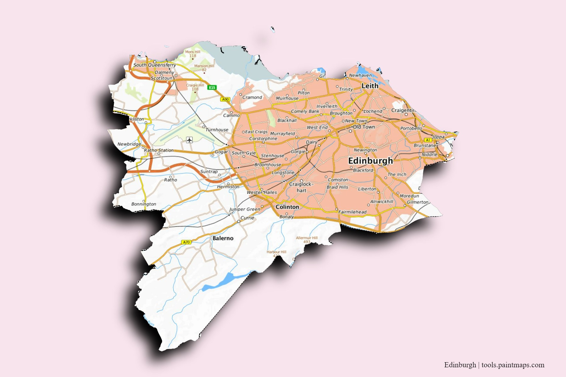 Mapa de Edinburgh y sus distritos con efecto de sombra 3D