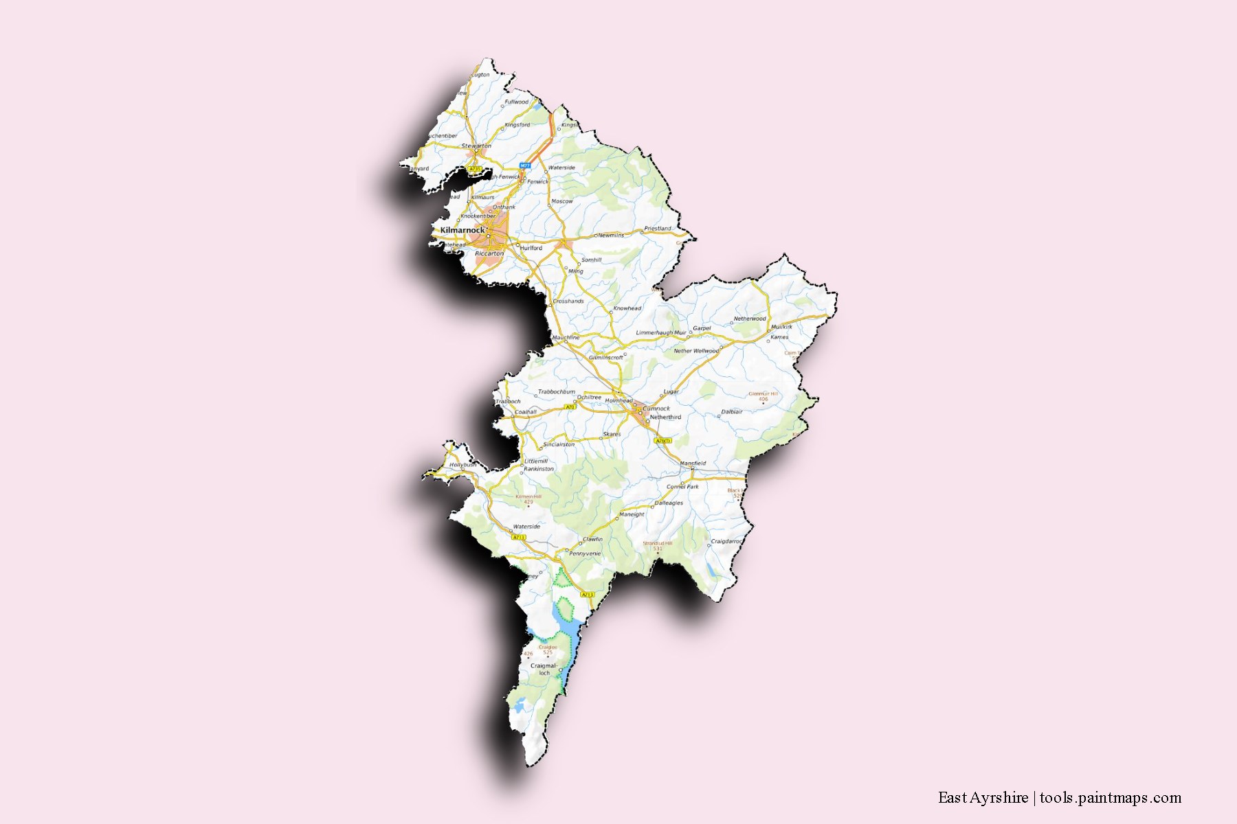 East Ayrshire and counties map with 3D shadow effect