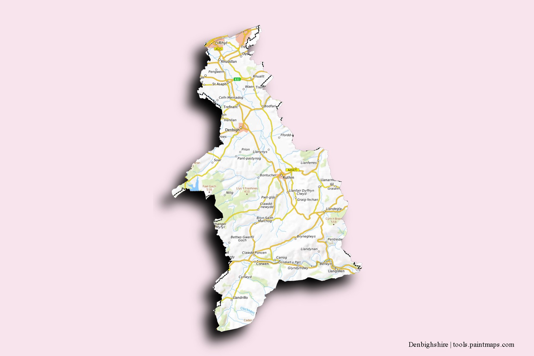 3D gölge efektli Denbighshire ve ilçeleri haritası