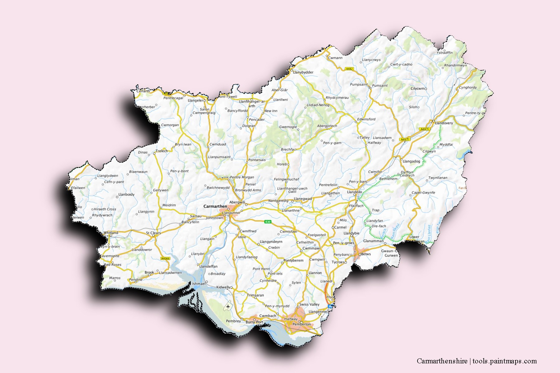 Carmarthenshire and counties map with 3D shadow effect