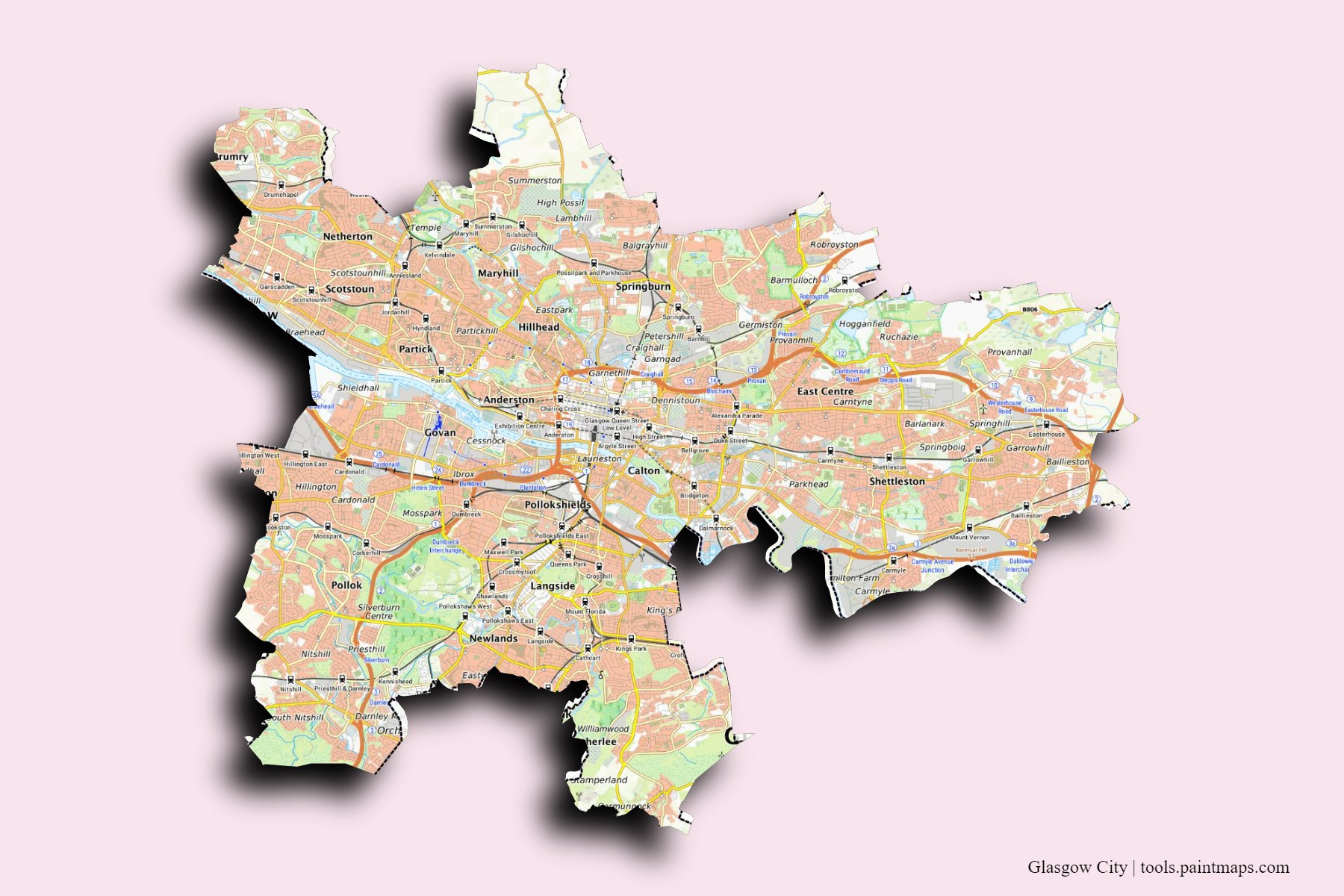 Glasgow City and counties map with 3D shadow effect