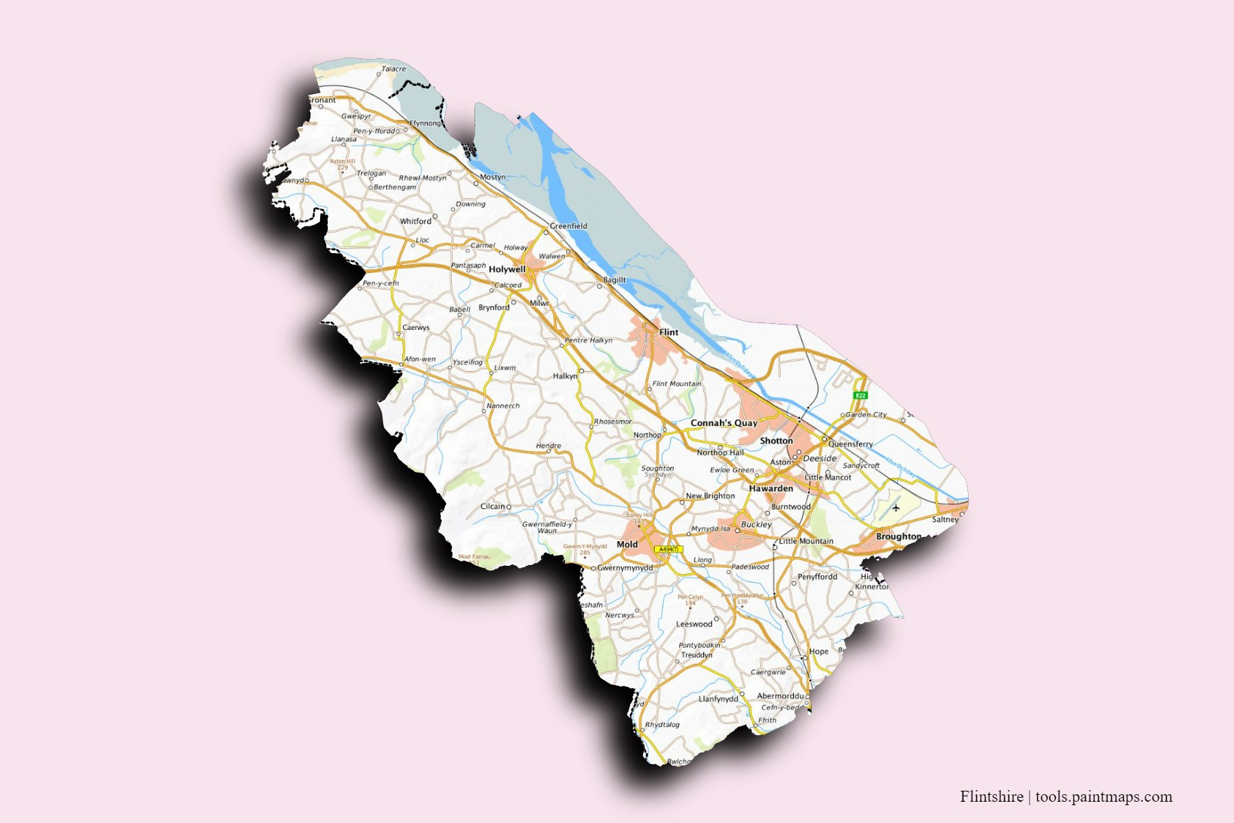 Flintshire and counties map with 3D shadow effect