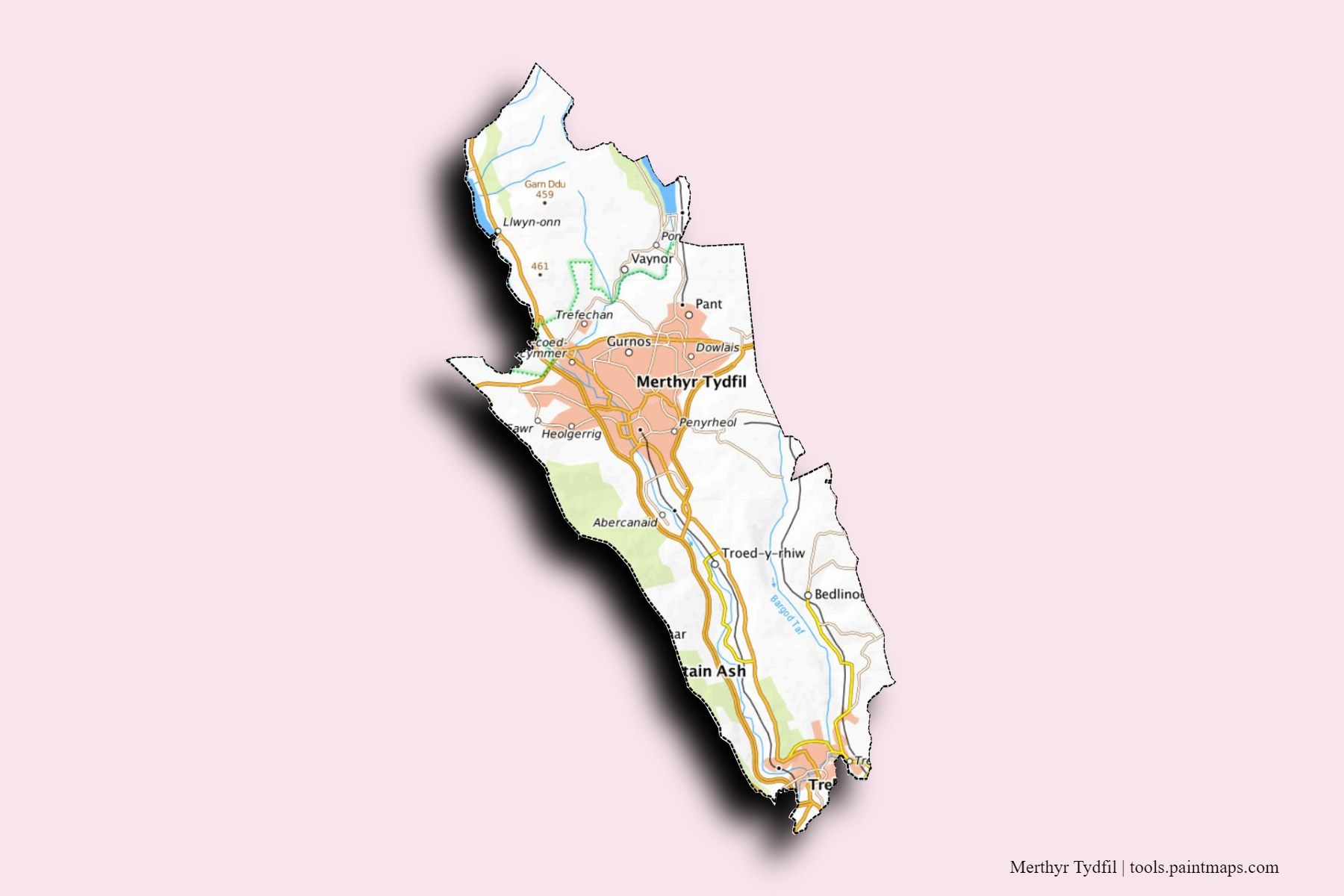 Mapa de Merthyr Tydfil y sus distritos con efecto de sombra 3D