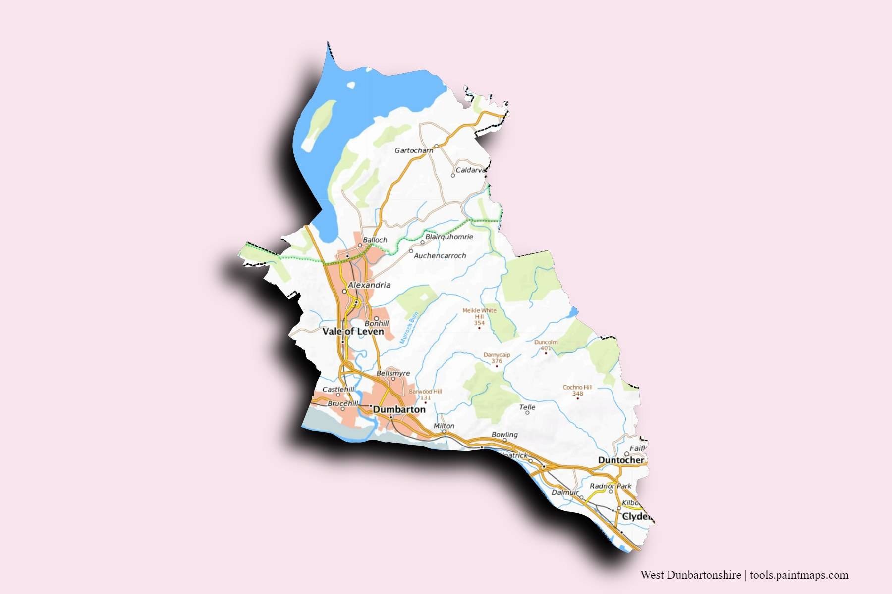 3D gölge efektli West Dunbartonshire ve ilçeleri haritası