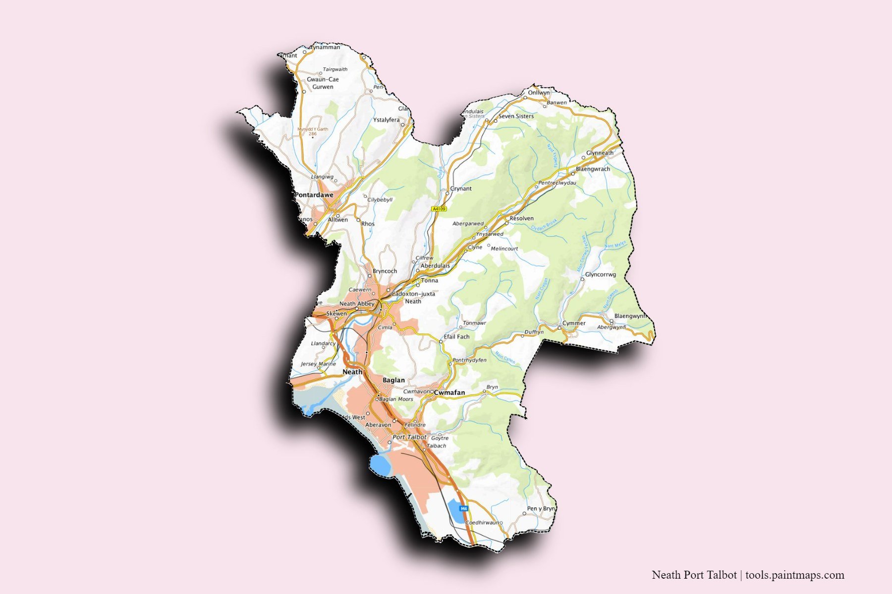 Mapa de Neath Port Talbot y sus distritos con efecto de sombra 3D