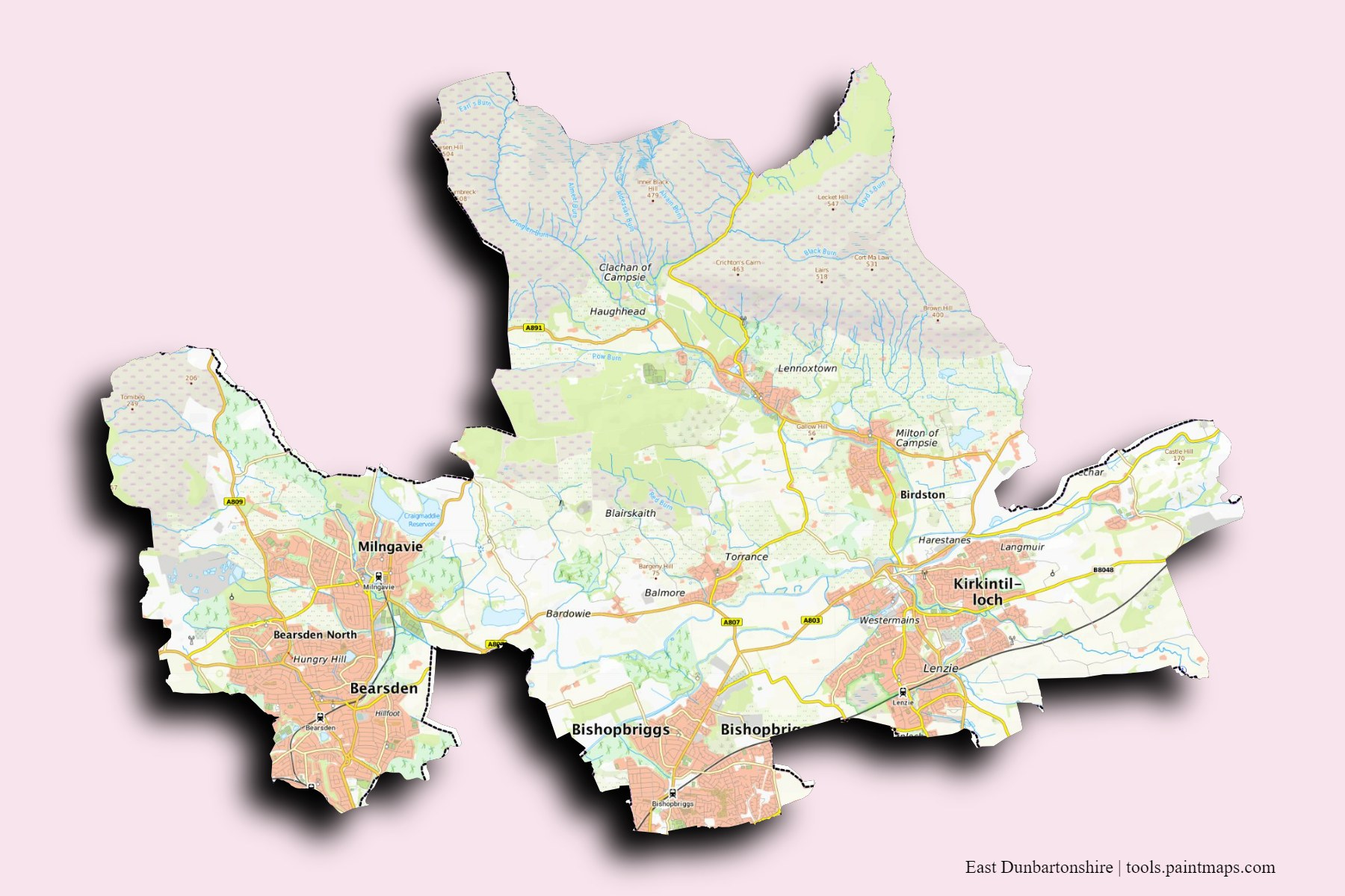 East Dunbartonshire and counties map with 3D shadow effect