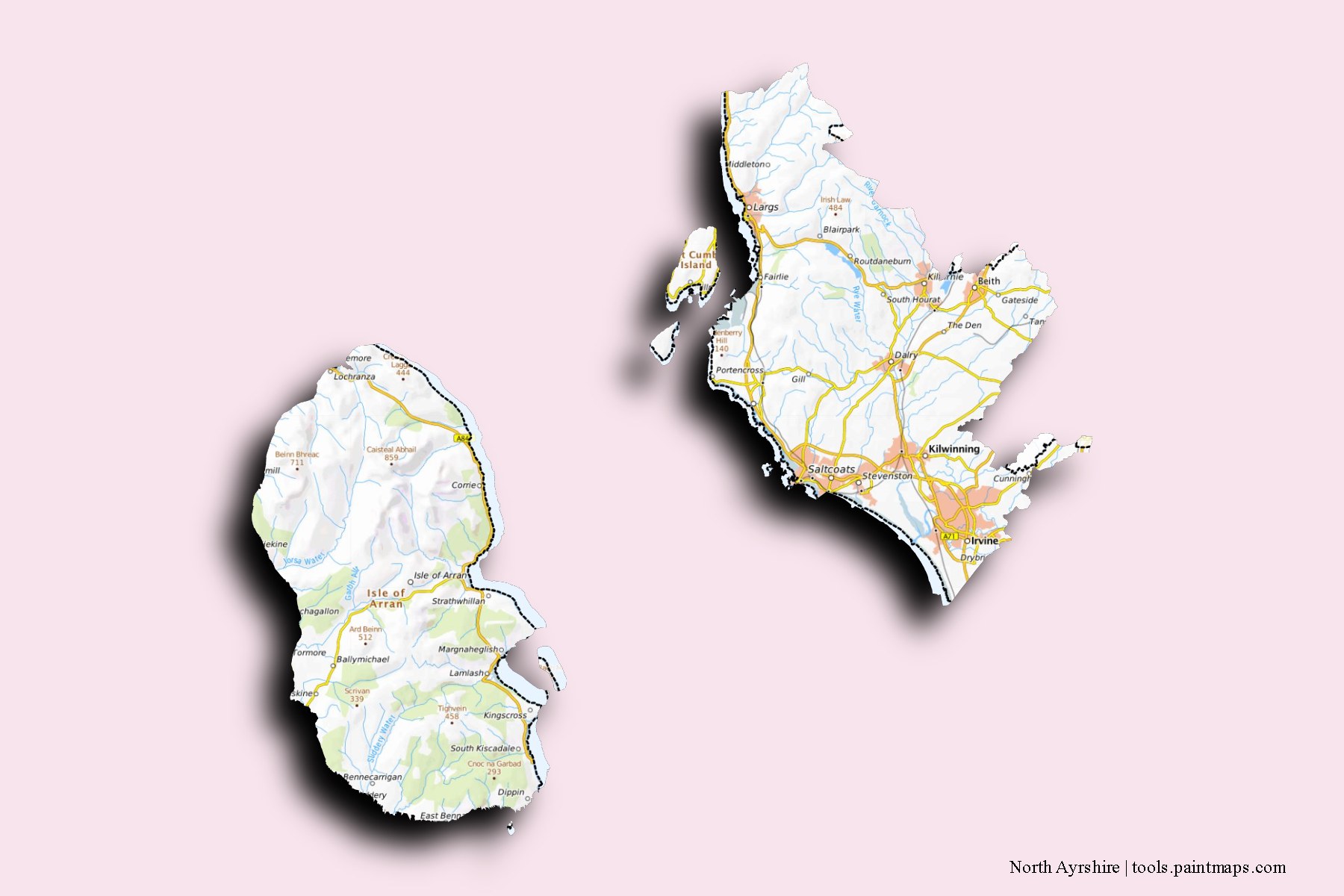 North Ayrshire and counties map with 3D shadow effect