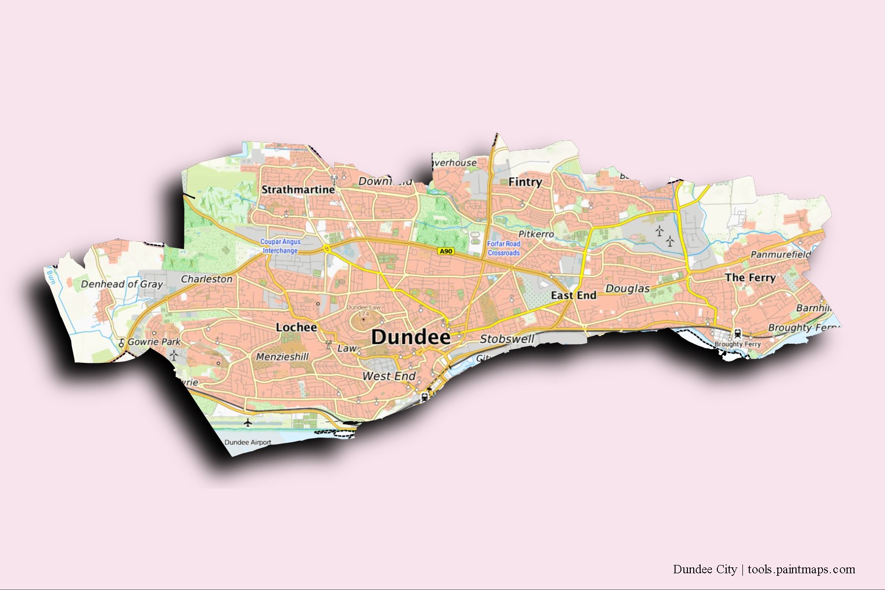 Mapa de Dundee City y sus distritos con efecto de sombra 3D