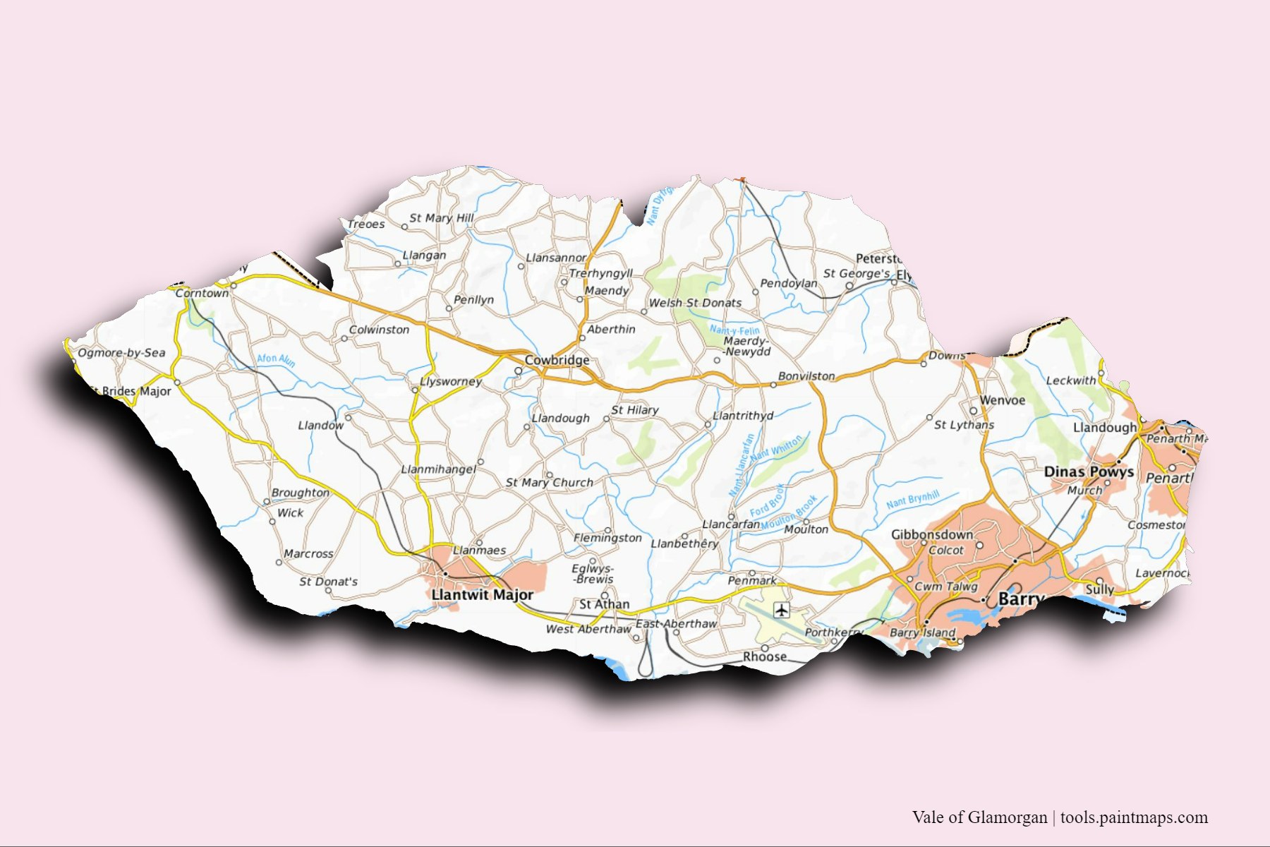 Vale of Glamorgan and counties map with 3D shadow effect