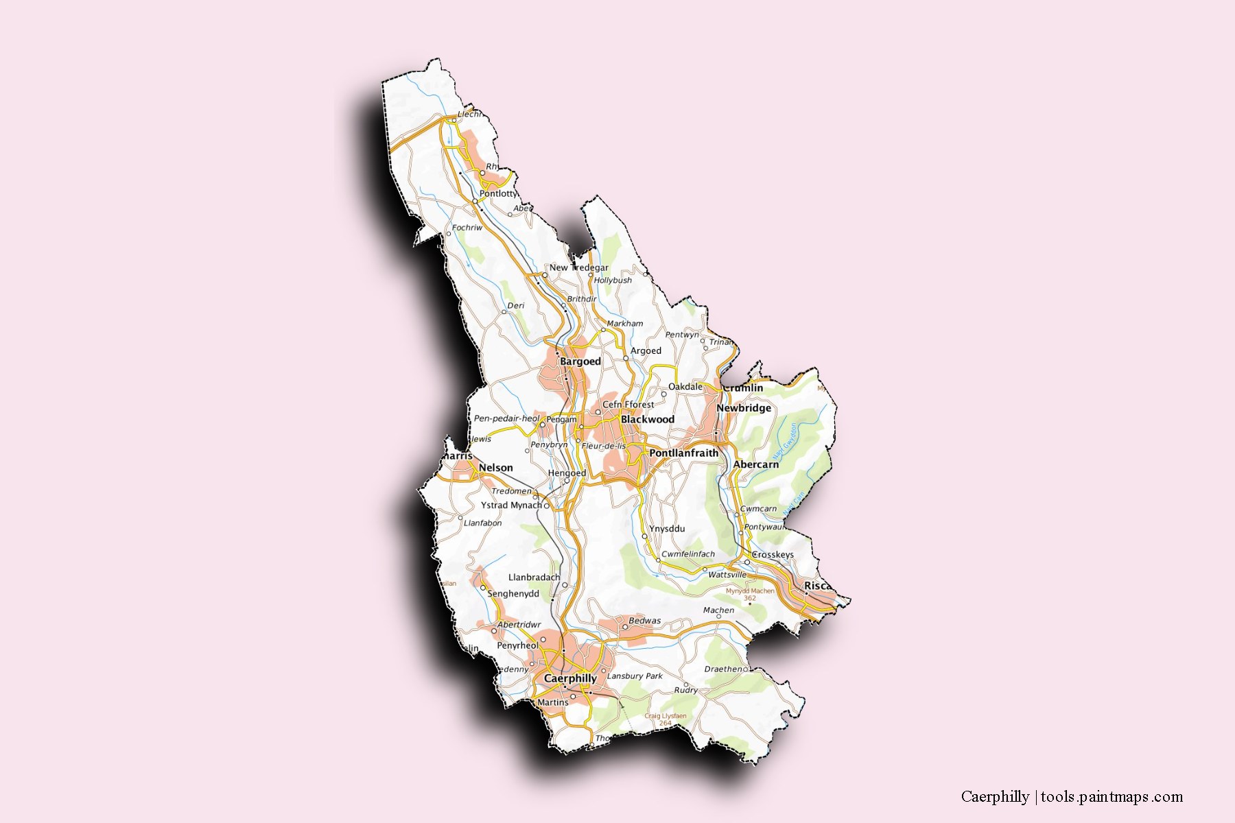 3D gölge efektli Caerphilly ve ilçeleri haritası