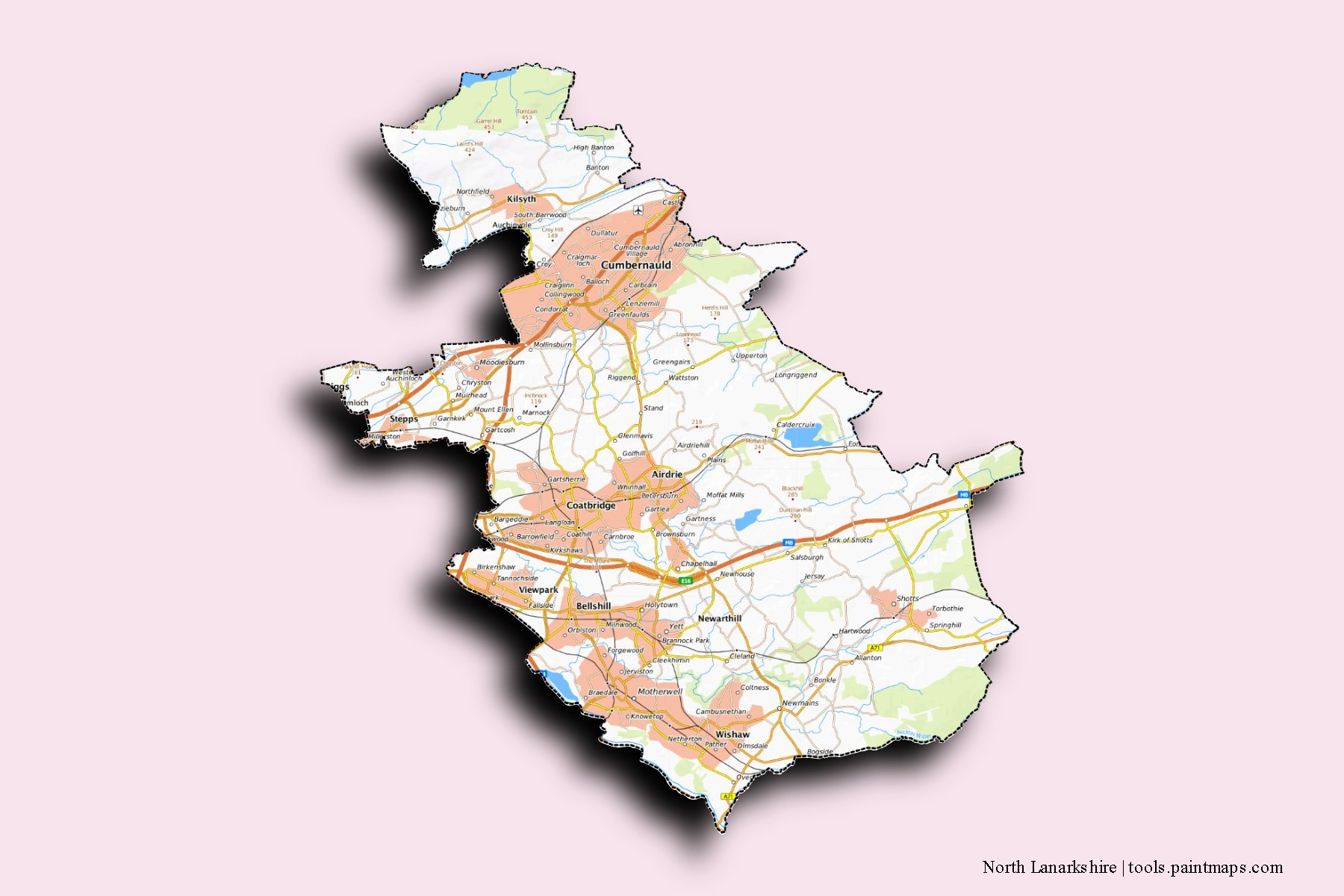 North Lanarkshire and counties map with 3D shadow effect