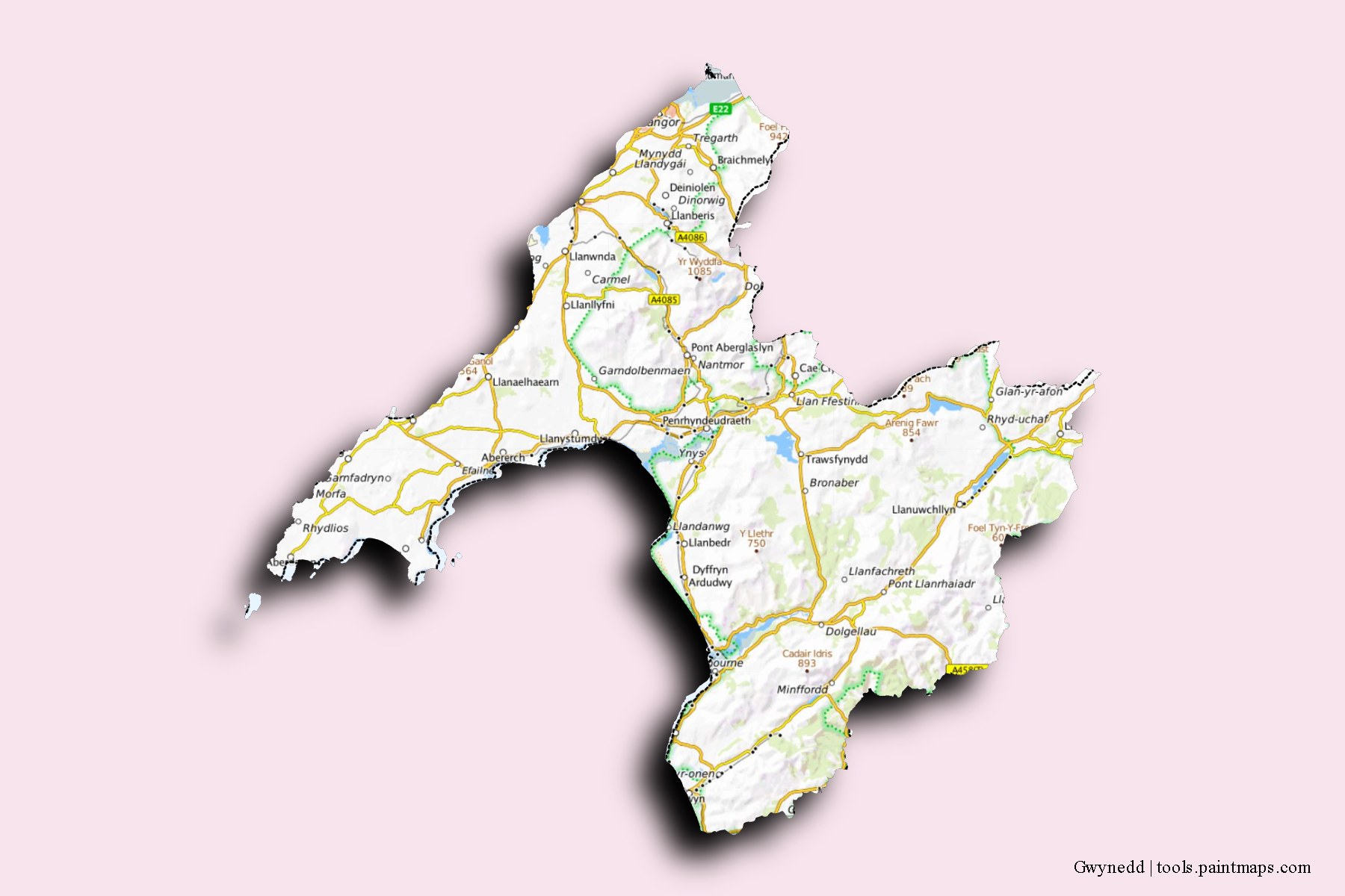 Mapa de Gwynedd y sus distritos con efecto de sombra 3D